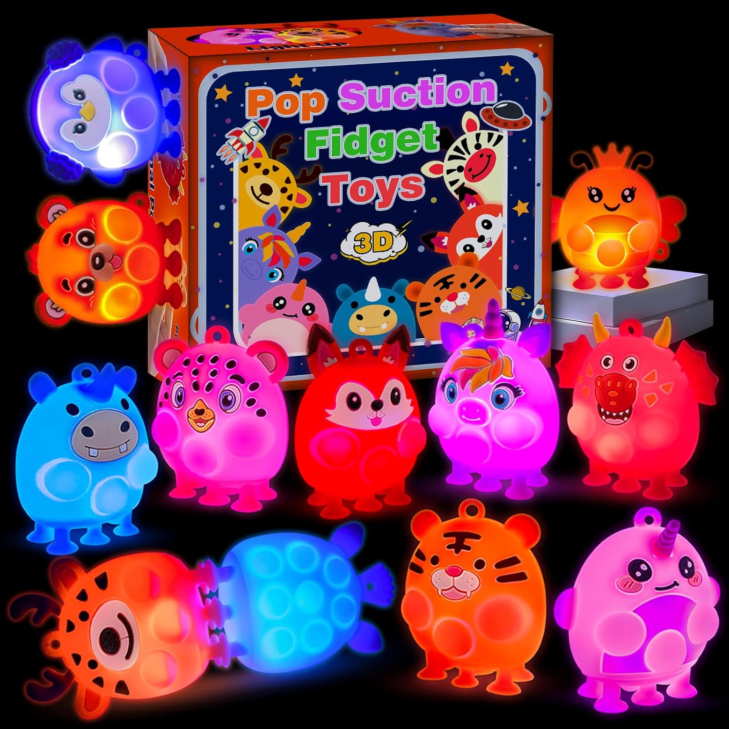 ChildFun 12 PCS Light Up Animal Suction Pop Fidget Toys, Toddler Travel Toys for Airplane Car Roadtrip Essentials, Toddler Bath Toys, Party Favors for Kids, Birthday Gift for Boys Girls