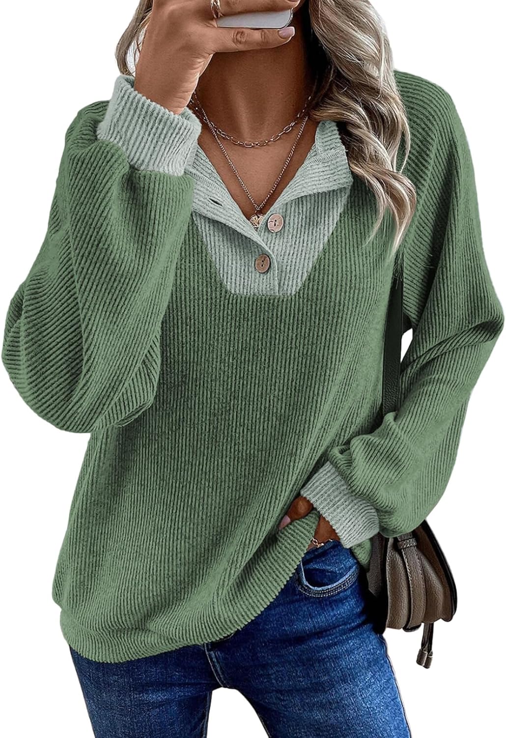 EVALESS Womens Fall Fashion 2026 Womens Long Sleeve Shirts Patchwork Button Up V Neck Sweatshirt Casual Pullover Tops