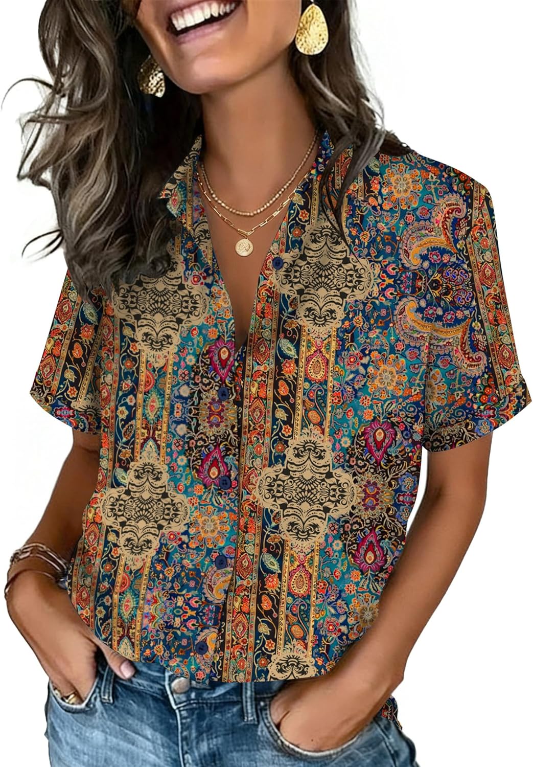Zeagoo Button Down Shirts for Women Short Sleeve Collared Tops Dressy Casual V Neck Blouses
