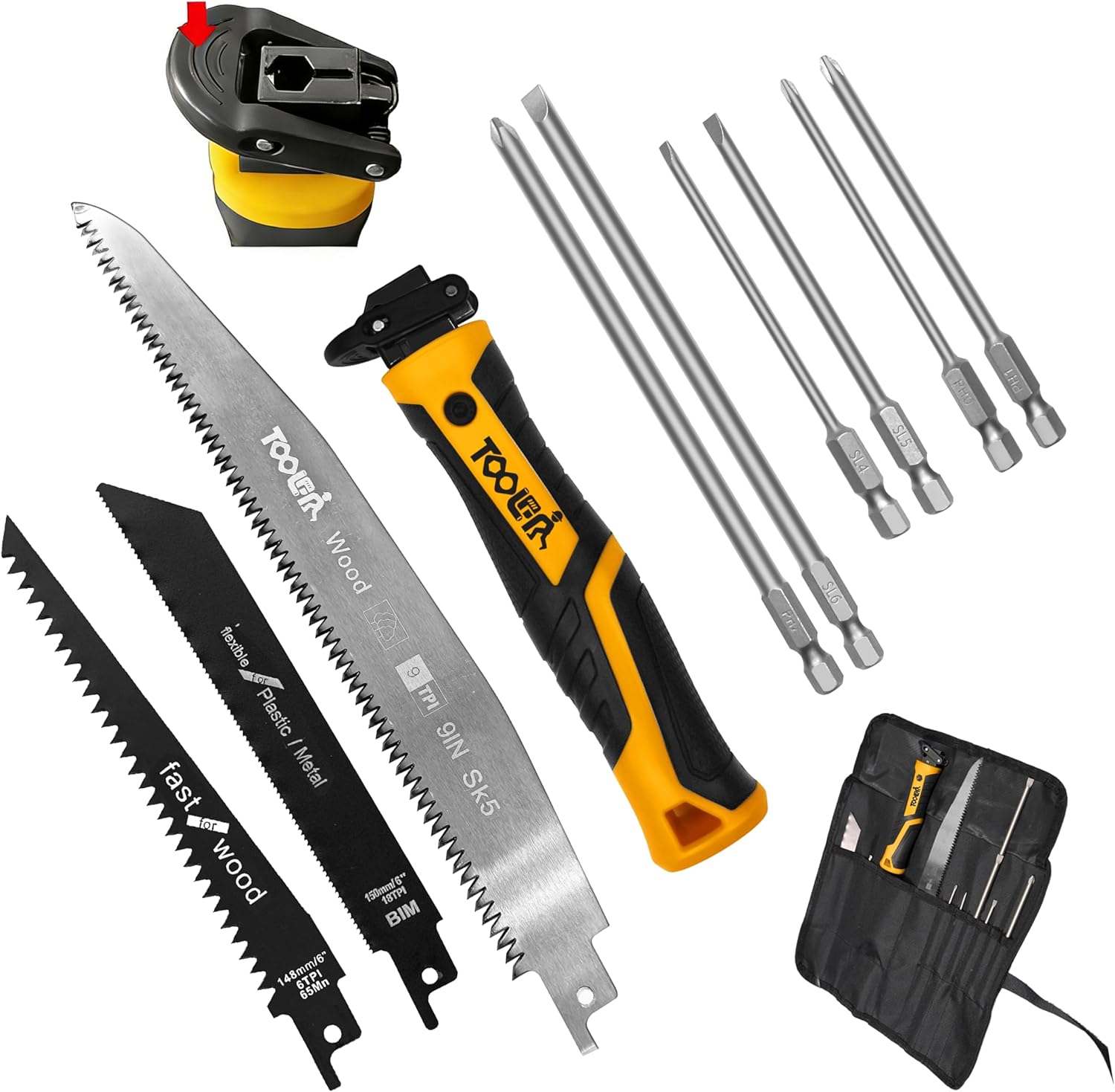 TOOLAN 10 in 1 Multi Magnetic Tip Screwdriver Set with hand saw, 3 Phillips and 3 Flat, Professional Grip, Jab saw,for cutting drywall,Sheetrock wood Metel plastic plywood, quick Change Mechaism