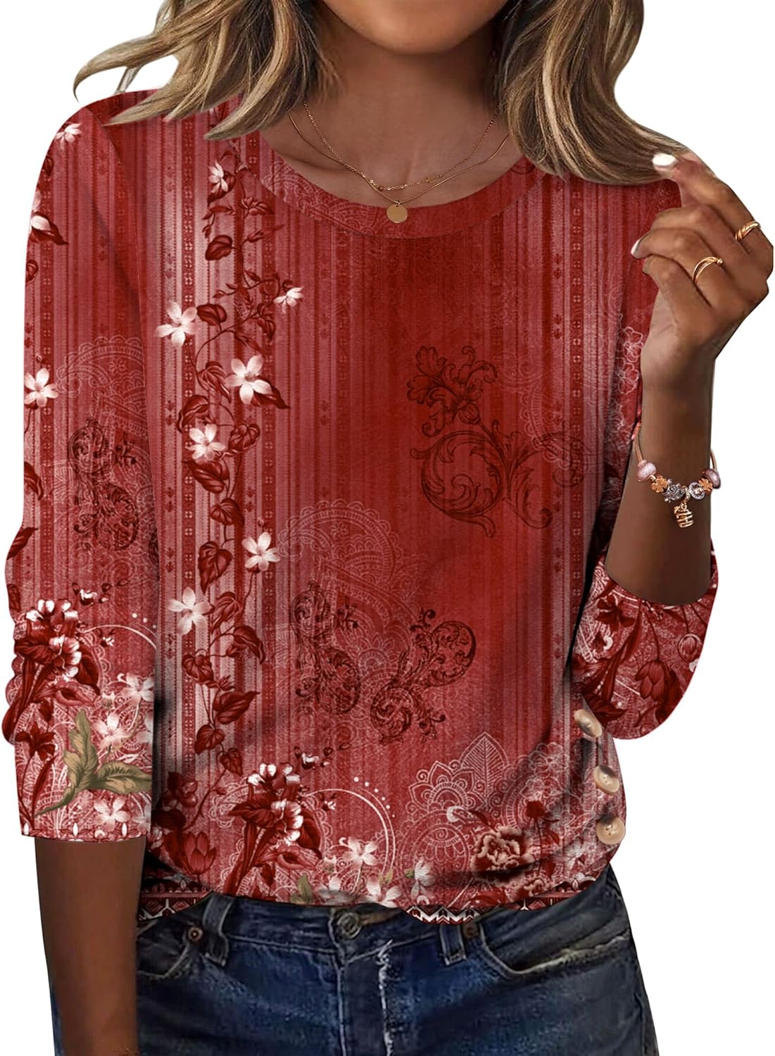 Zeagoo Womens Tops 2025 Long Sleeve Shirts for Fall Round Neck Blouses Floral Tunic Tops with Buttons Decor