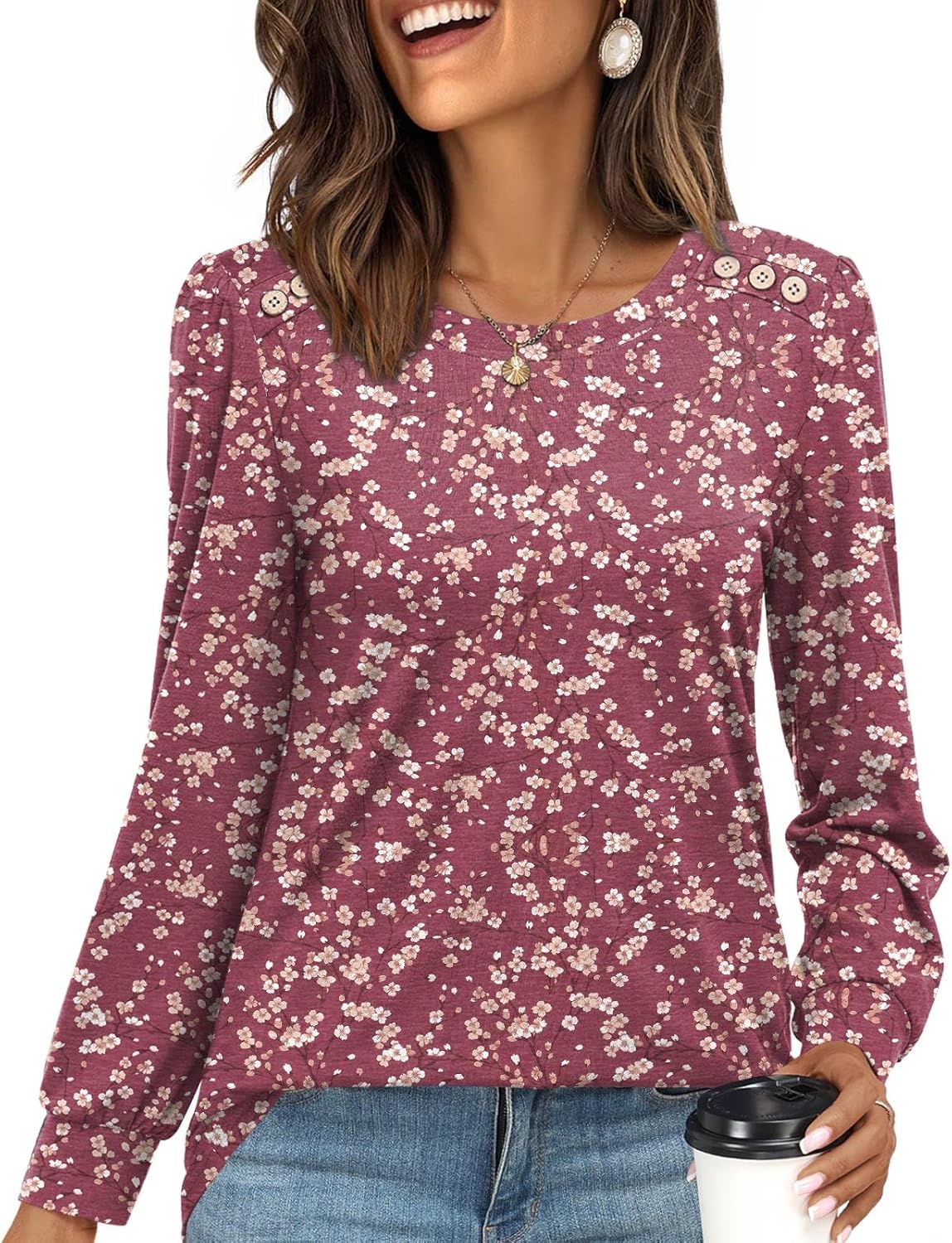 CATHY Womens Tops Puff Long Sleeve Shirts Fall Fashion Crewneck Buttons Tunic Blouses Business Casual Outfits
