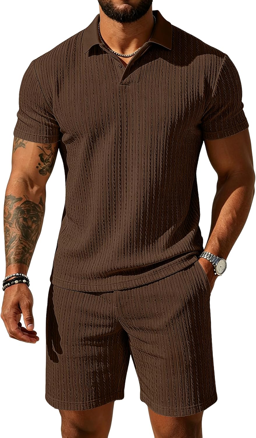 UOUA Mens Shorts Set Twisted Texture Polo Shirt & Shorts Casual 2 Piece Summer Outfits Short Sleeve Vacation Set