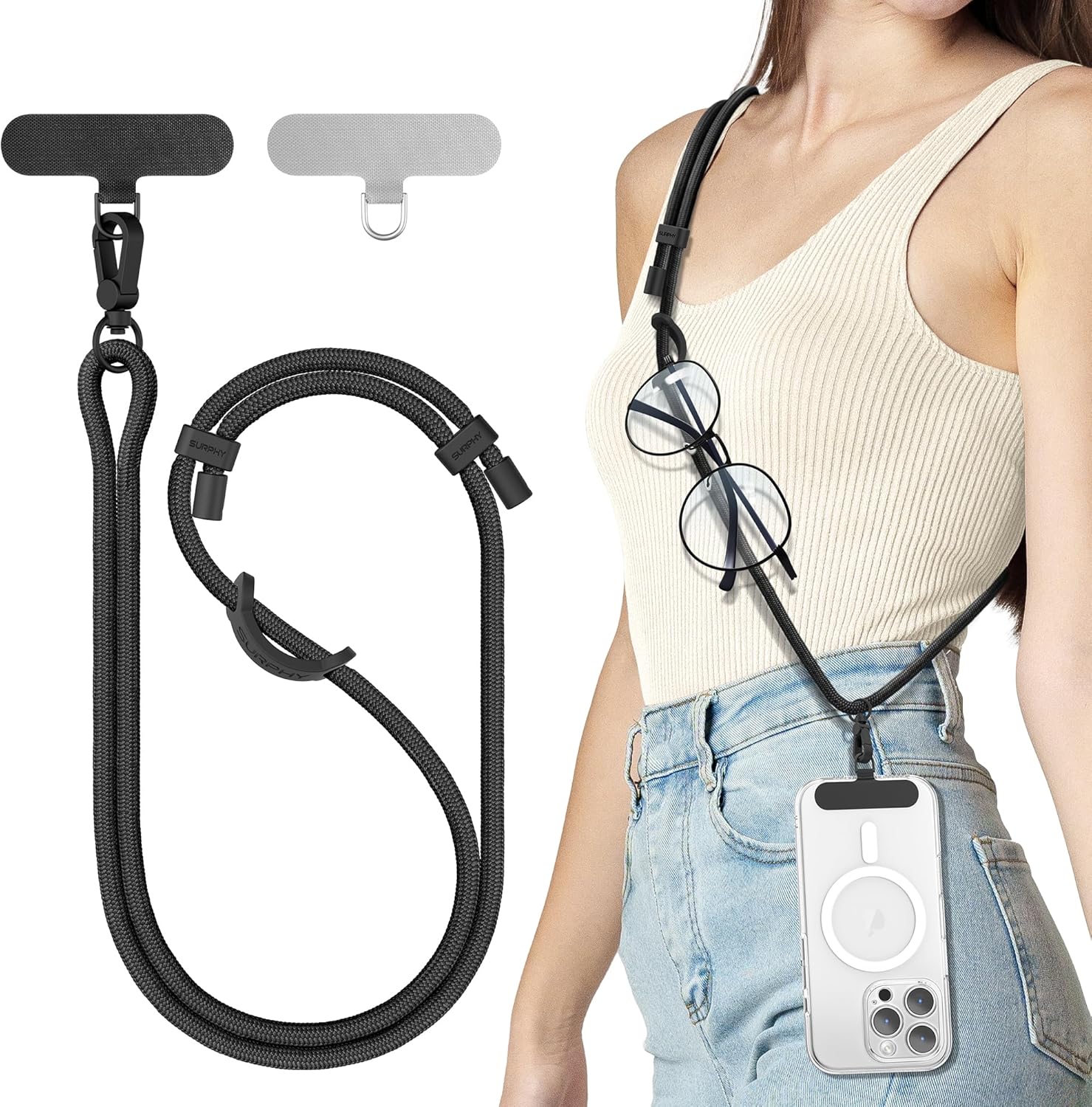 SURPHY Phone Lanyard Crossbody, Phone Strap Crossbody with 2 Tether Tabs | Adjustable Cell Phone Lanyard, Anti Theft Phone Strap, Premium Metal Buckles, Universal Lanyard for Travel, Black