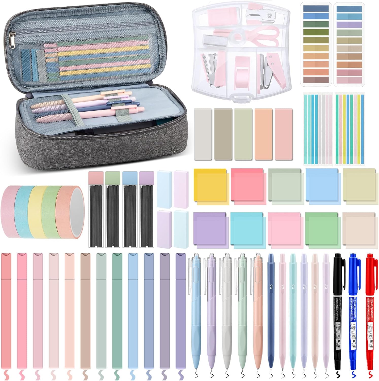 Sinload 60 Pcs Aesthetic Book Annotation Kit Gray Pencil Case with Highlighter Gel Pen Mechanical Pencil Magnetic Bookmarks Transparent Sticky Note Tabs Mini Office Supplies