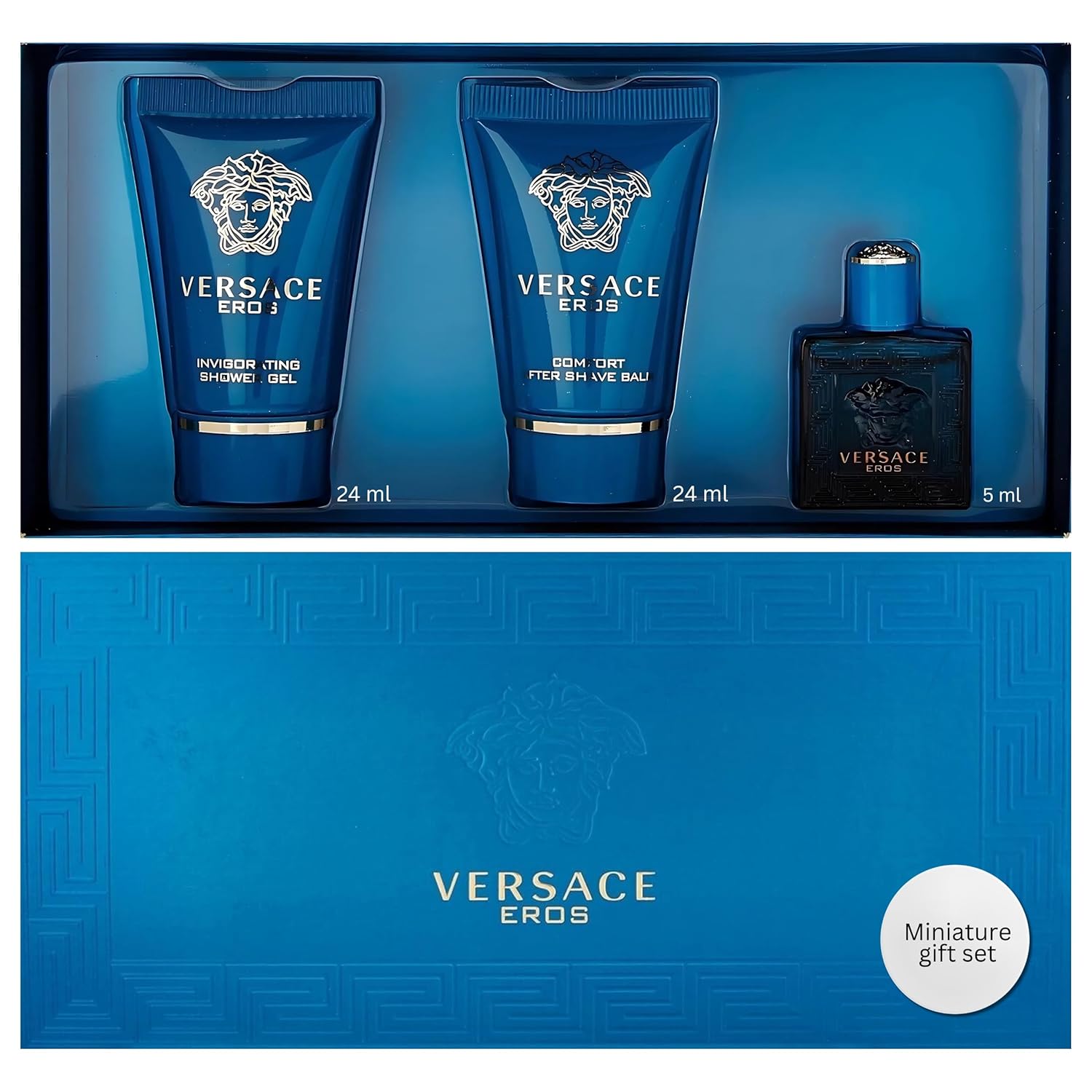 Versace Eros Perfume for Men 3 Piece Mini Gift Set | EDT Splash, Shower Gel & After Shave Balm, designer grooming gift set, travel size, fragrance sampler, luxury gift