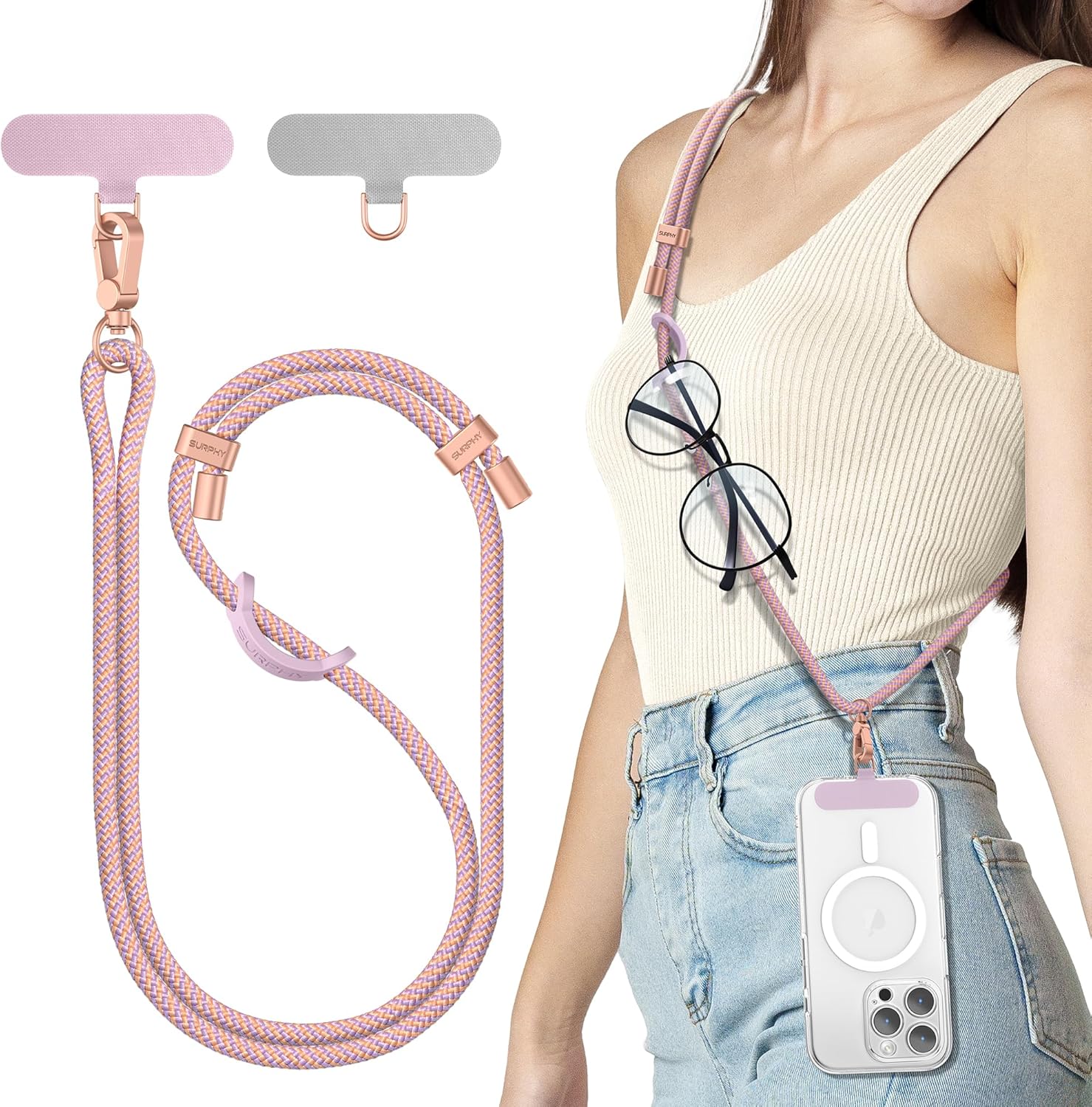 SURPHY Phone Lanyard Crossbody, Phone Strap Crossbody with 2 Tether Tabs | Adjustable Cell Phone Lanyard, Anti Theft Phone Strap, Premium Metal Buckles, Universal Lanyard for Travel, Pink & Purple