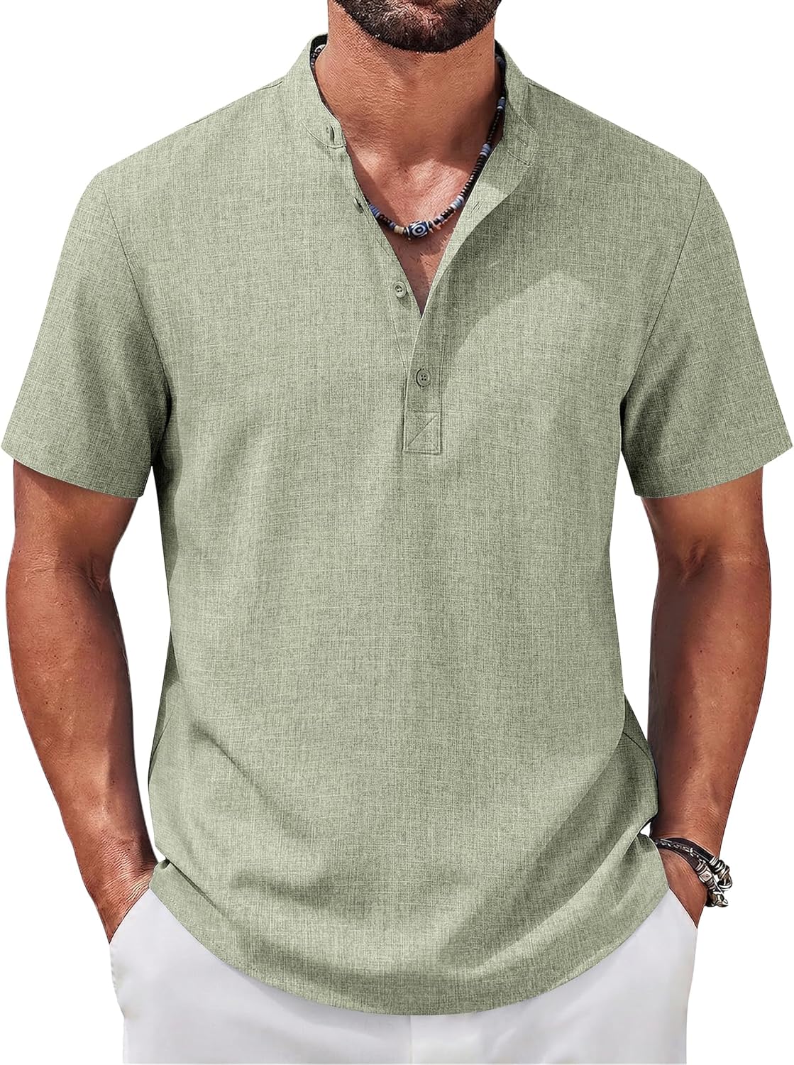 COOFANDY Men's Casual Henley Shirt Band Collar Short Sleeve Shirt for Mens Summer Beach T-Shirts Vacation