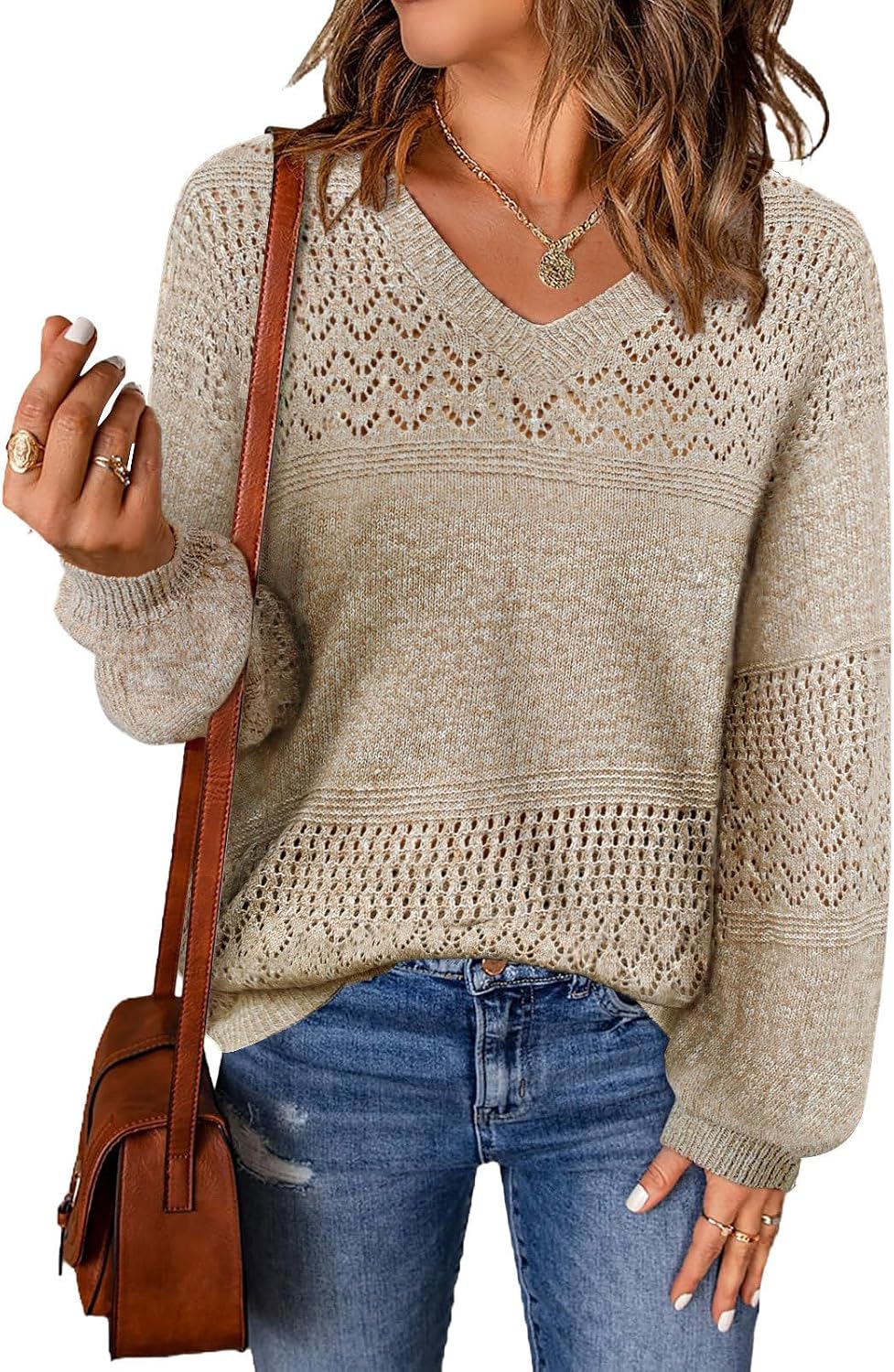 MixShe Womens Knit Sweaters 2026 Fall V Neck Long Sleeve Pullover Casual Loose Tops
