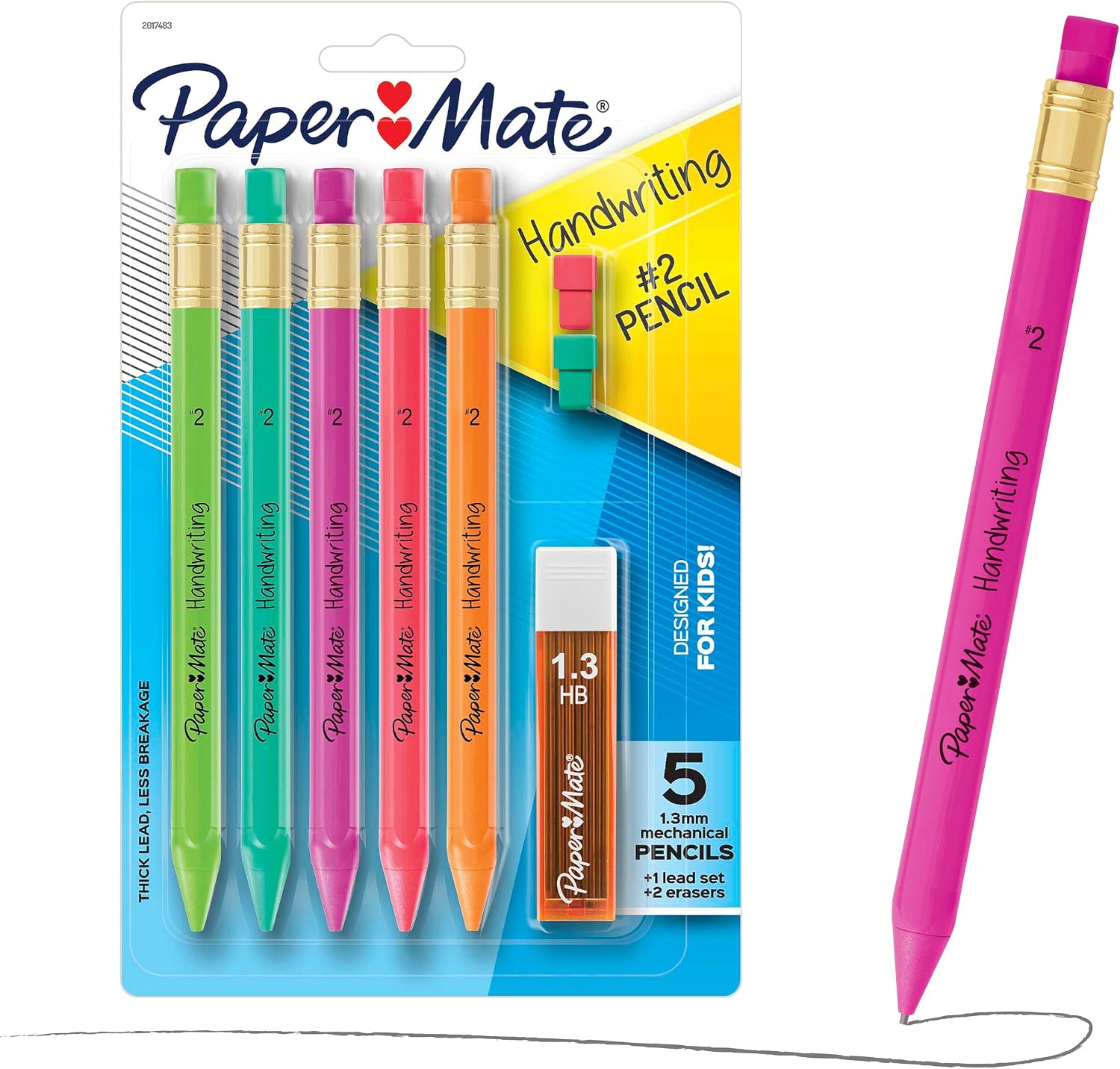 Paper Mate Handwriting Triangular Mechanical Pencils with Lead & Eraser Refills, 1.3mm, Fun Barrel Colors, 5 Count - School Supplies, Kids Writing