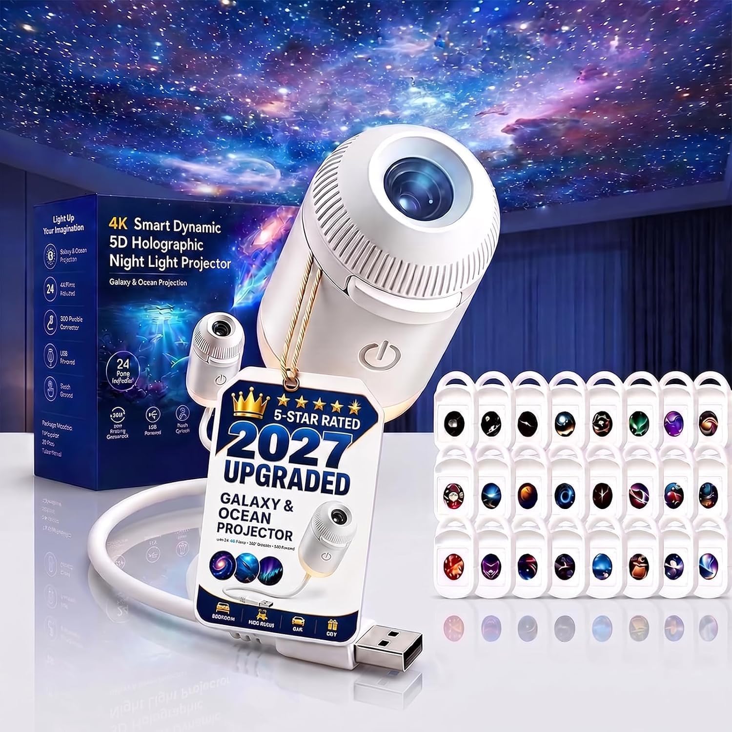 HD 5D Holographic Night Light Projector, 2-in-1 Galaxy Star and Ocean Projector with 24 Films, 360° Rotating USB Powered Plug and Play Ceiling Light for Bedroom Decor (24 Projection Films)
