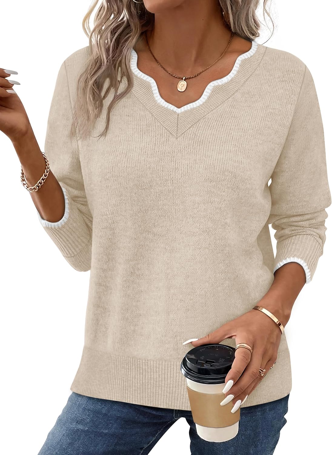 OFEEFAN Womens V Neck Sweaters Pullover Cozy Lightweight Sweaters Long Sleeve Tops Fall Outfits 2026