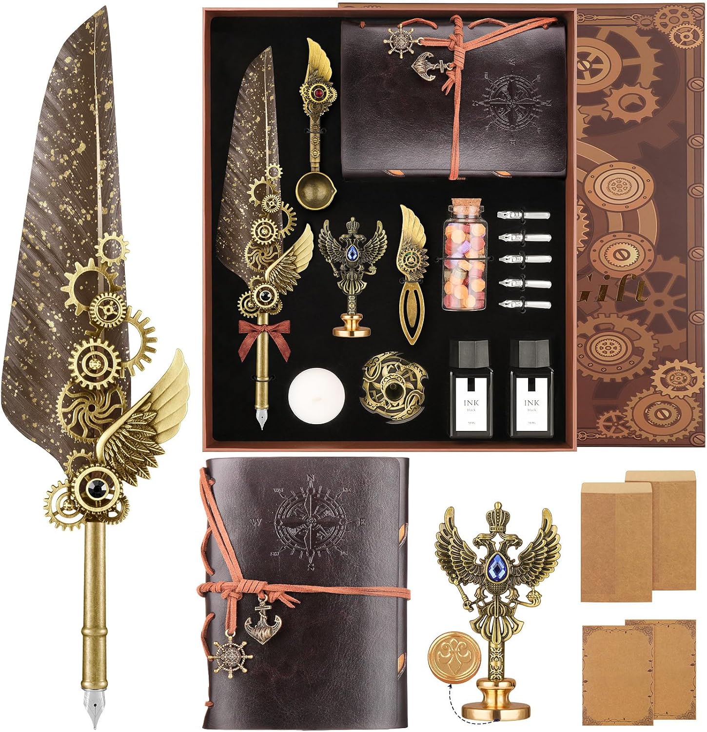 GrnVibe Quill Pen and Ink Set,Calligraphy Pen Set for beginners | Feather Pen Set with Leather Notebook,Pen Holder,5 Replaceable Nibs,Bookmark,Letter Writing Kit & Wax Seal Stamp Kit,Gift Set
