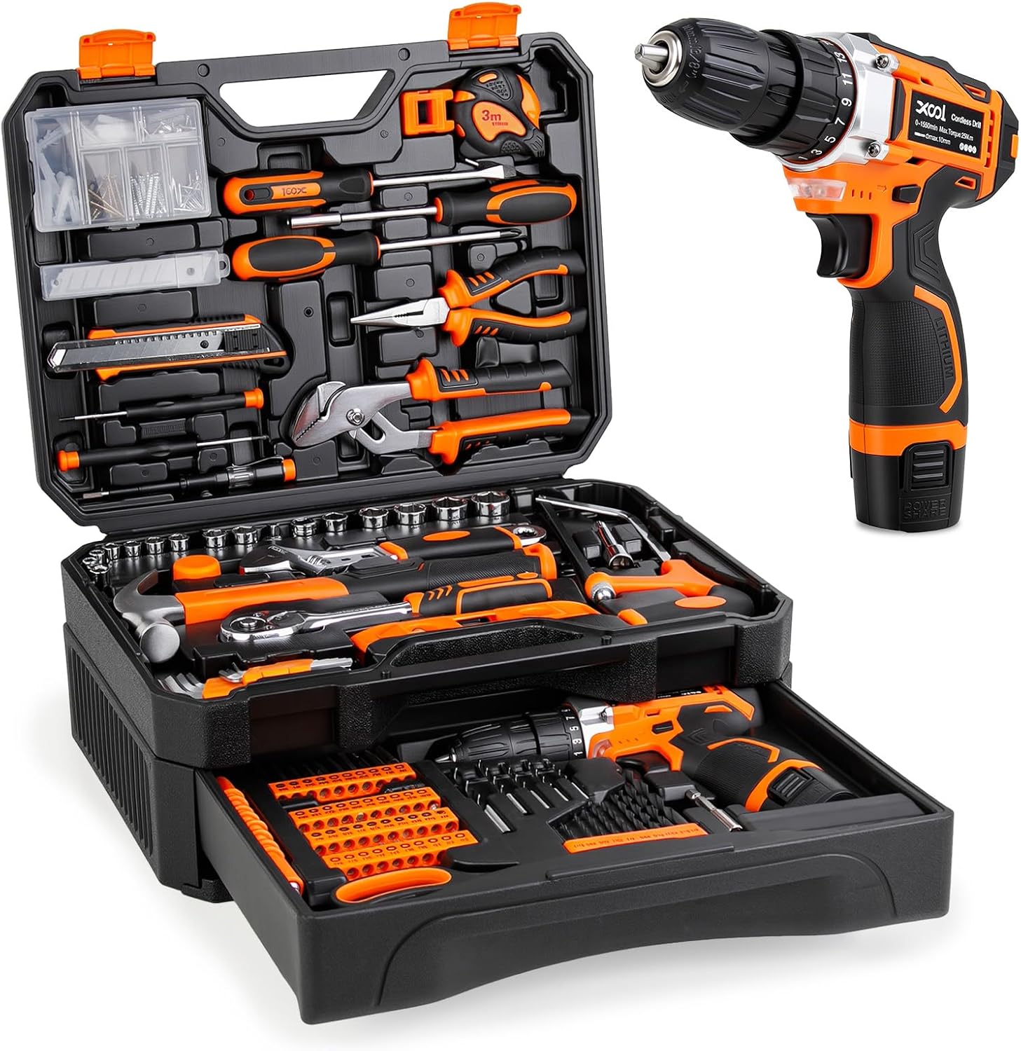 XOOL 313-Piece Home Tool Kit with 12V Cordless Drill, Toolbox with Drawer, All-in-One Tool Set for DIY, Home & Garage
