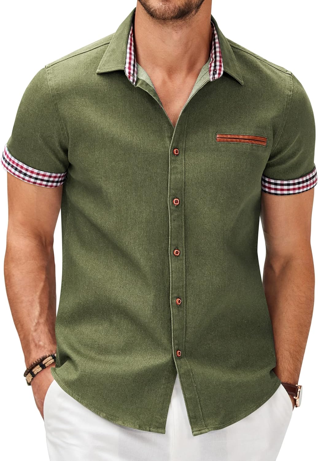 COOFANDY Men's Cotton Casual Short Sleeve Button Down Shirt Plaid Collar Denim Work Shirts