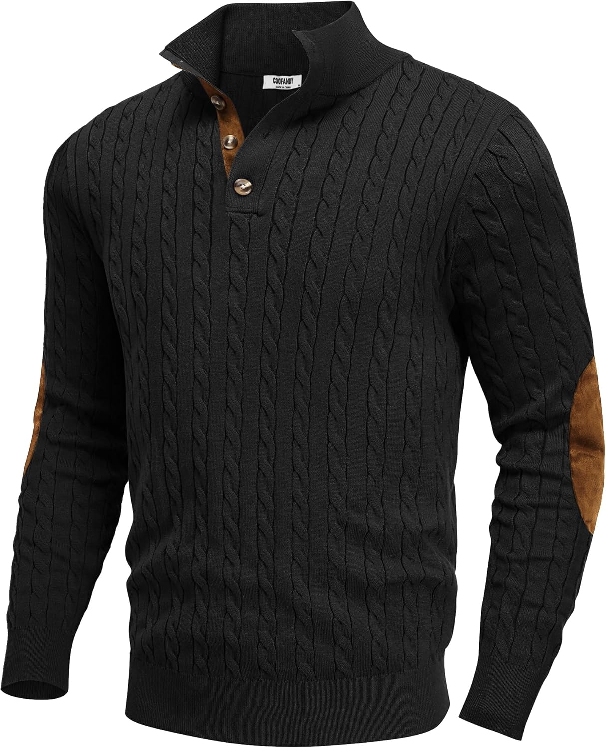 COOFANDY Men's Cable Knit Pullover Sweater Casual Long Sleeve Sweater | 1/4 Button-Up Neck, Stand Collar, Colorblocked Collar And Elbows, Chunky, Soft, Warm, Basic Simple, Fall Winter Fashion 2026