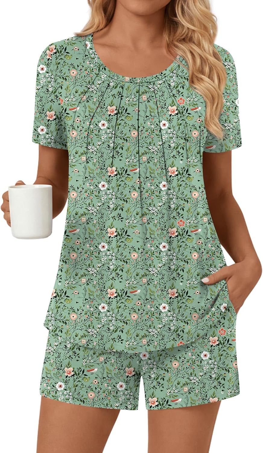 Anyhold Womens Pajamas Sets Summer Pjs 2 Piece Short Sleeve Sleepwear Loungewear with Pockets
