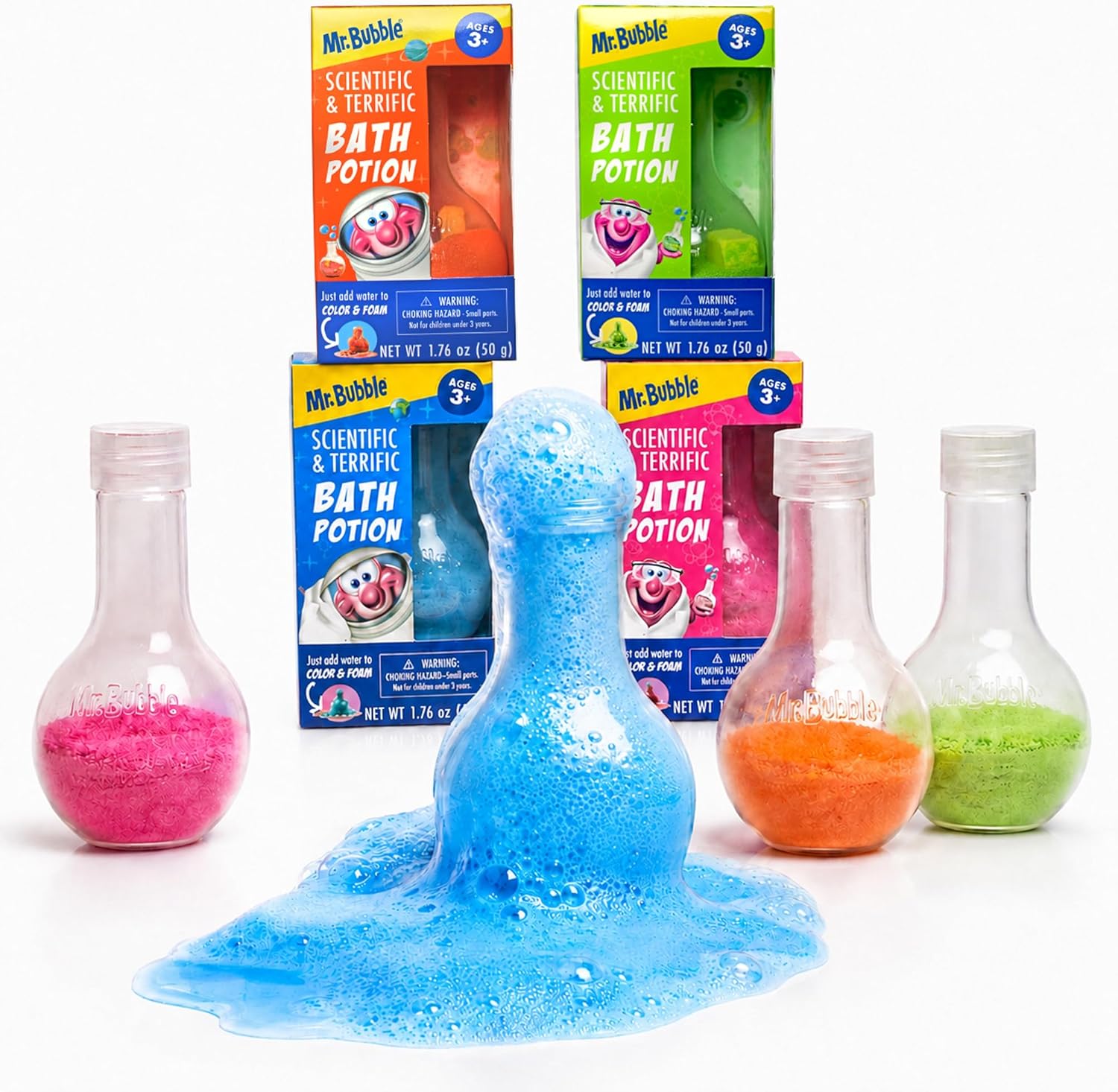 Mr. Bubble Kids Original Bath Bomb Potions - Colorful Fizzy Fun - Cool Foam and Bubble Science Beaker Bath Toys (Pack of 4)