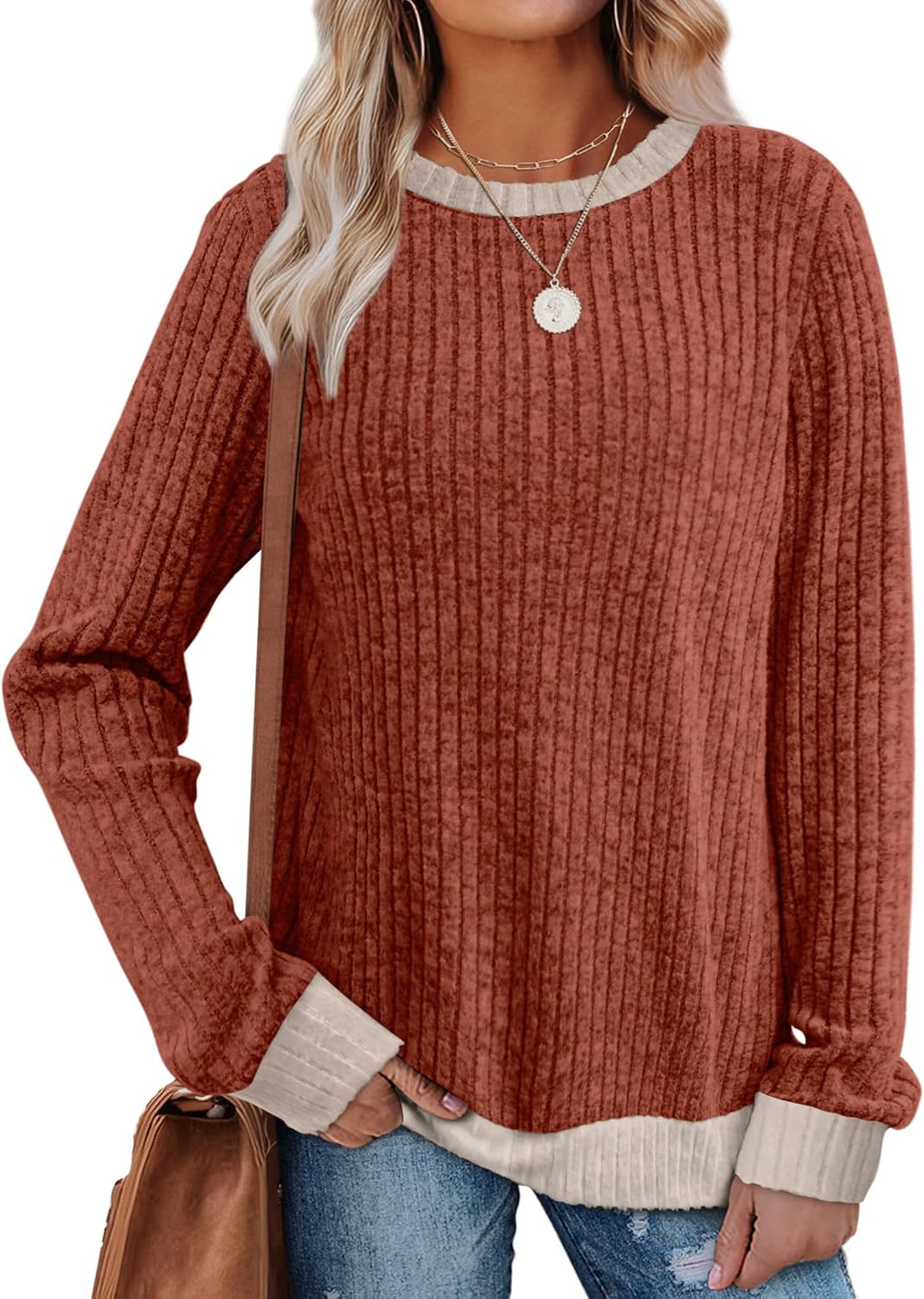 Sampeel Womens Tops Long Sleeve Shirts Lightweight Sweaters Loose Fit Crewneck Color Block Fall Fashion Outfits
