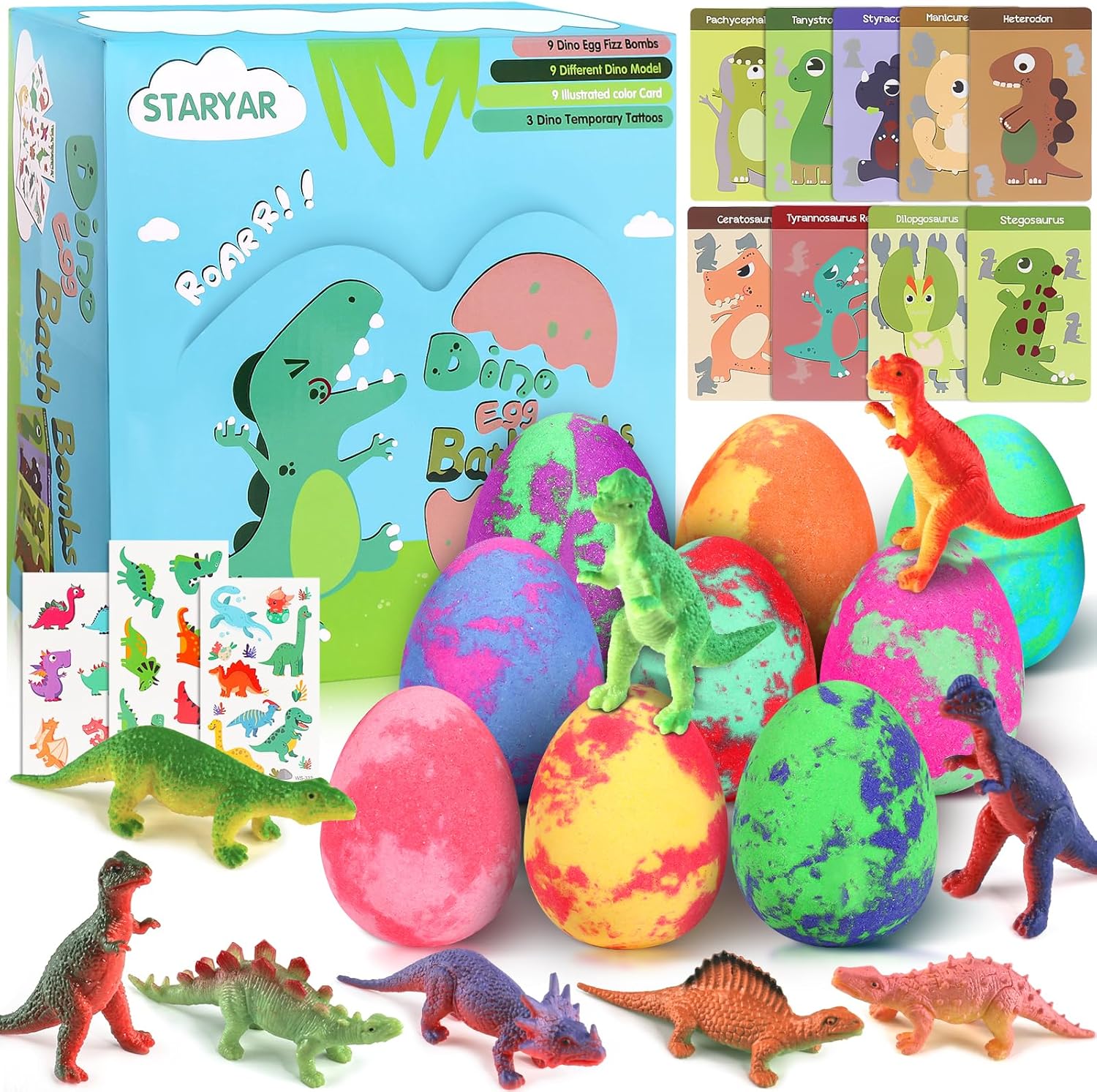 Bath Bombs for Kids with Surprise Toys Inside - 9 Pack Dinosaur Bath Bombs Gift Set, Dinosaur Toys for Kids 3 4 5 6 7 8 9 Years, Birthday Gifts for Kids, Bubble Bath Fizzes Bath Toy