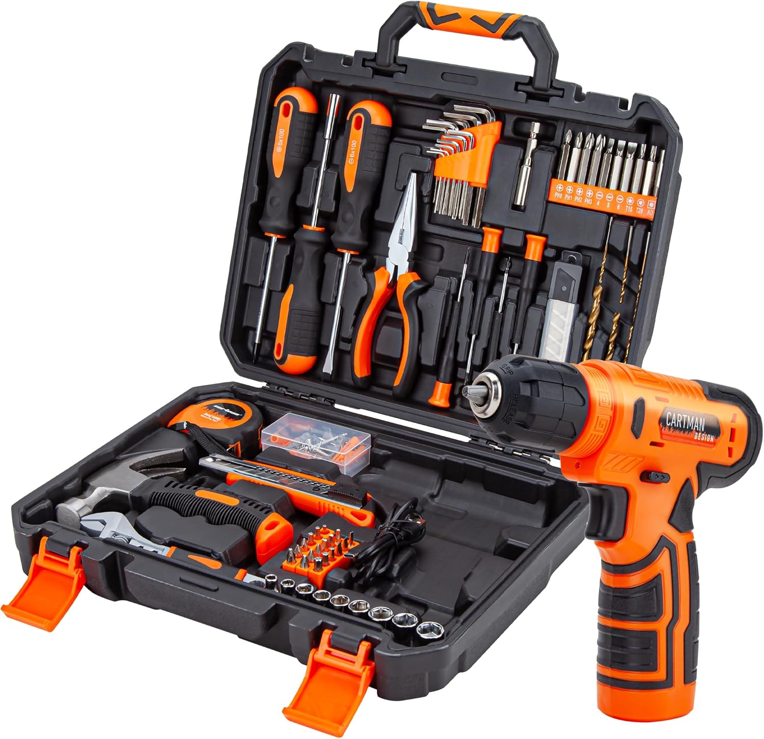 CARTMAN 150PCS 8V Cordless Drill Hand Tool Set, Orange Household Repair Kit | All-Inclusive Tool Assortment With 8V Drill, Great For Home Upkeep, DIY Crafting And Daily Household Fixes