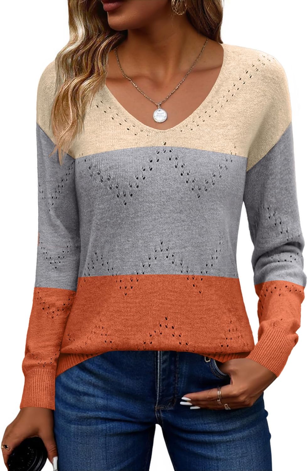 Zeagoo Womens Sweaters Fall Trendy Casual Long Sleeve Shirt Lightweight V Neck Off Shoulder Crochet Pullover Top Outfit