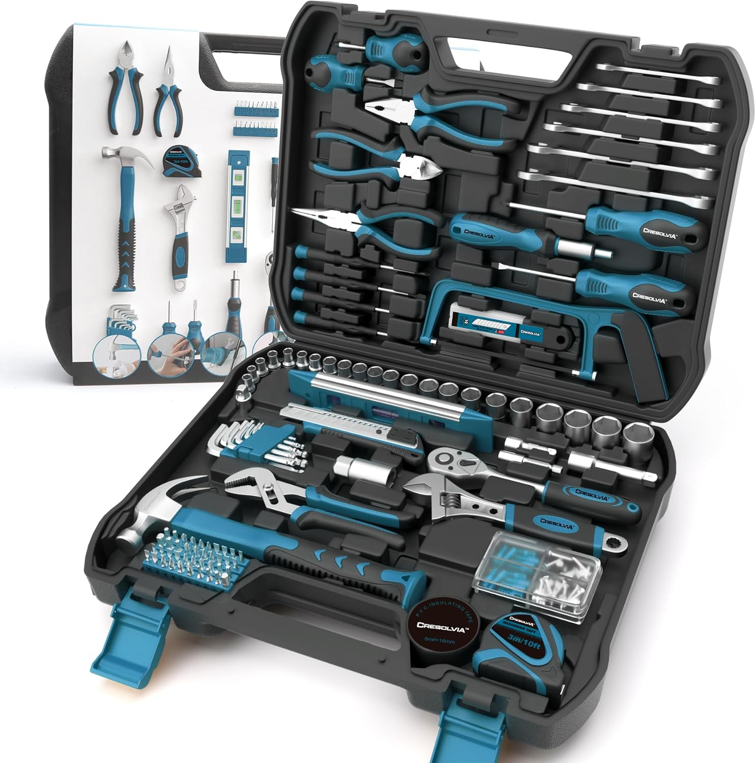 Home Tool Kit 199 Piece Basic Household Auto Repair Tool Set Car Toolbox General Hand Tool Kit for Home Men Women DIY with Plastic Toolbox (Blue and black)
