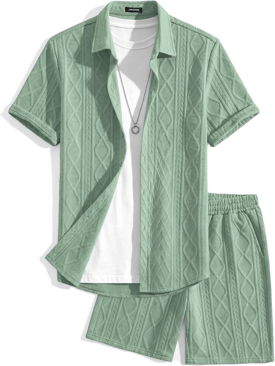 JMIERR Men's Summer 2 Piece Beach Sets Texture Short Sleeve Button Down Knit Shirts and Shorts Vacation Outfits of Men