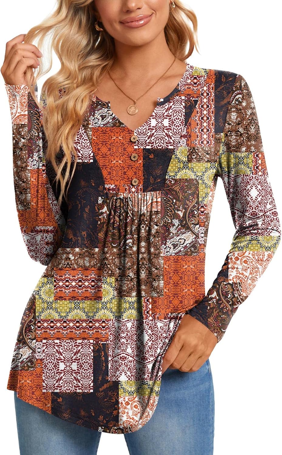 CATHY Womens Long Sleeve Tops 2026 Fall Fashion Henley Shirts Dressy Casual Pleated Tunic V-neck Button Down Blouses