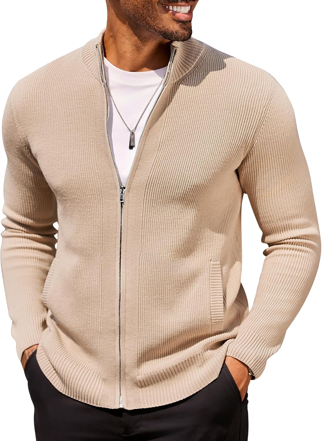 COOFANDY Mens Zip Up Cardigan Sweater Slim Fit Casual Full Zip Sweaters Knit Stand Collar Cardigans with 2 Front Pockets
