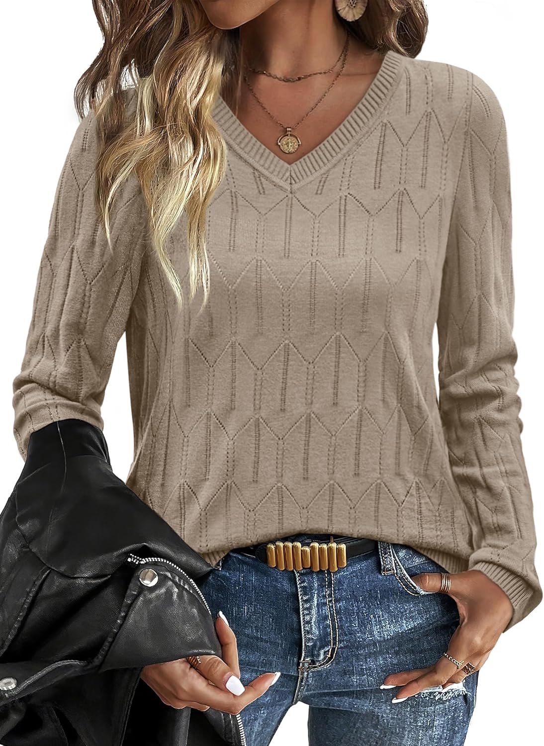 OFEEFAN Womens Sweaters Long Sleeve Shirts Fall Outfits 2026 V Neck Soft Knit Pullover Trendy Tops Dressy Casual Blouses