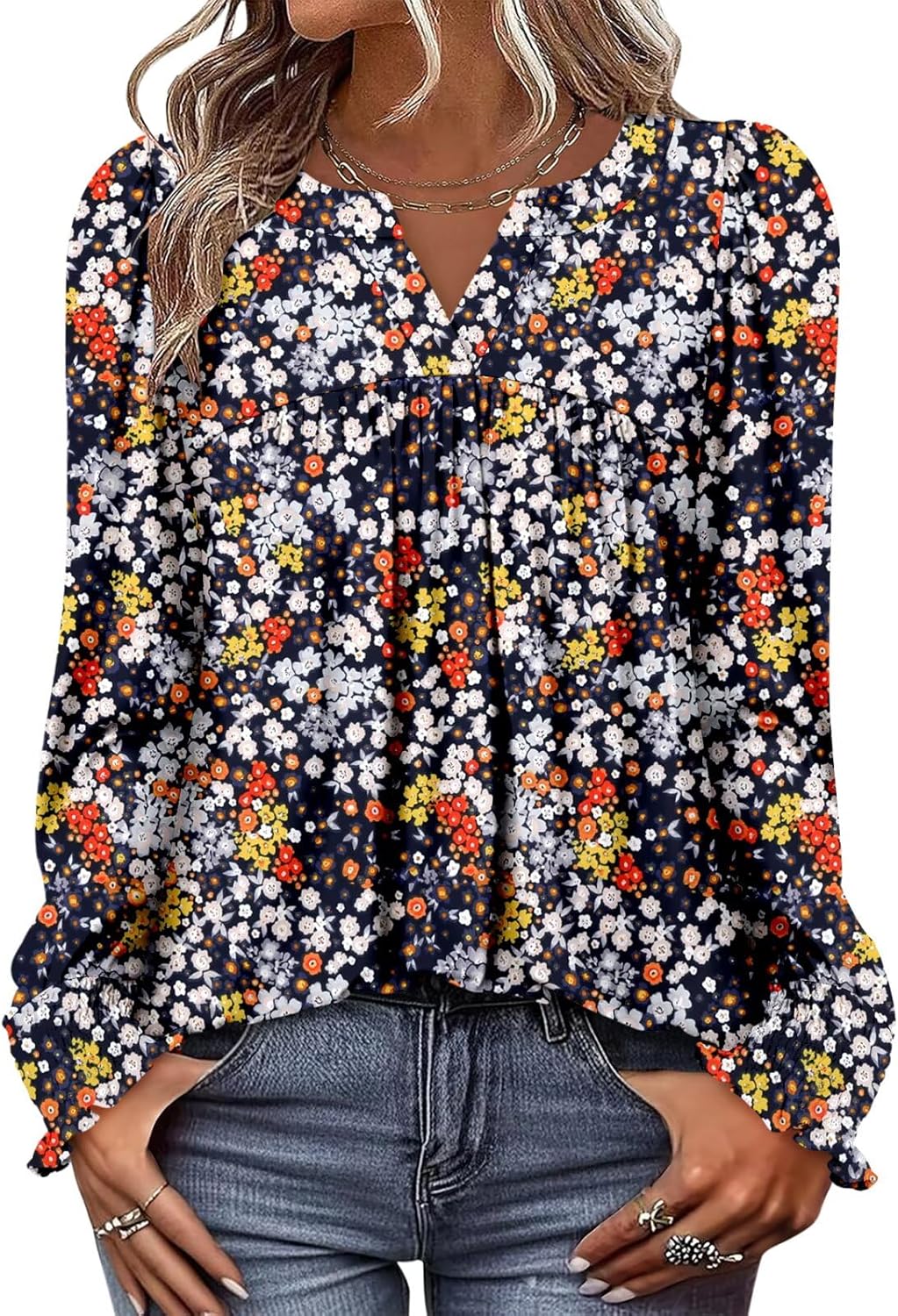 Magritta Puff Long Sleeve Shirts for Women Dressy V Neck Fall Blouses Casual Loose Pullover Pleated Front Tunic Tops