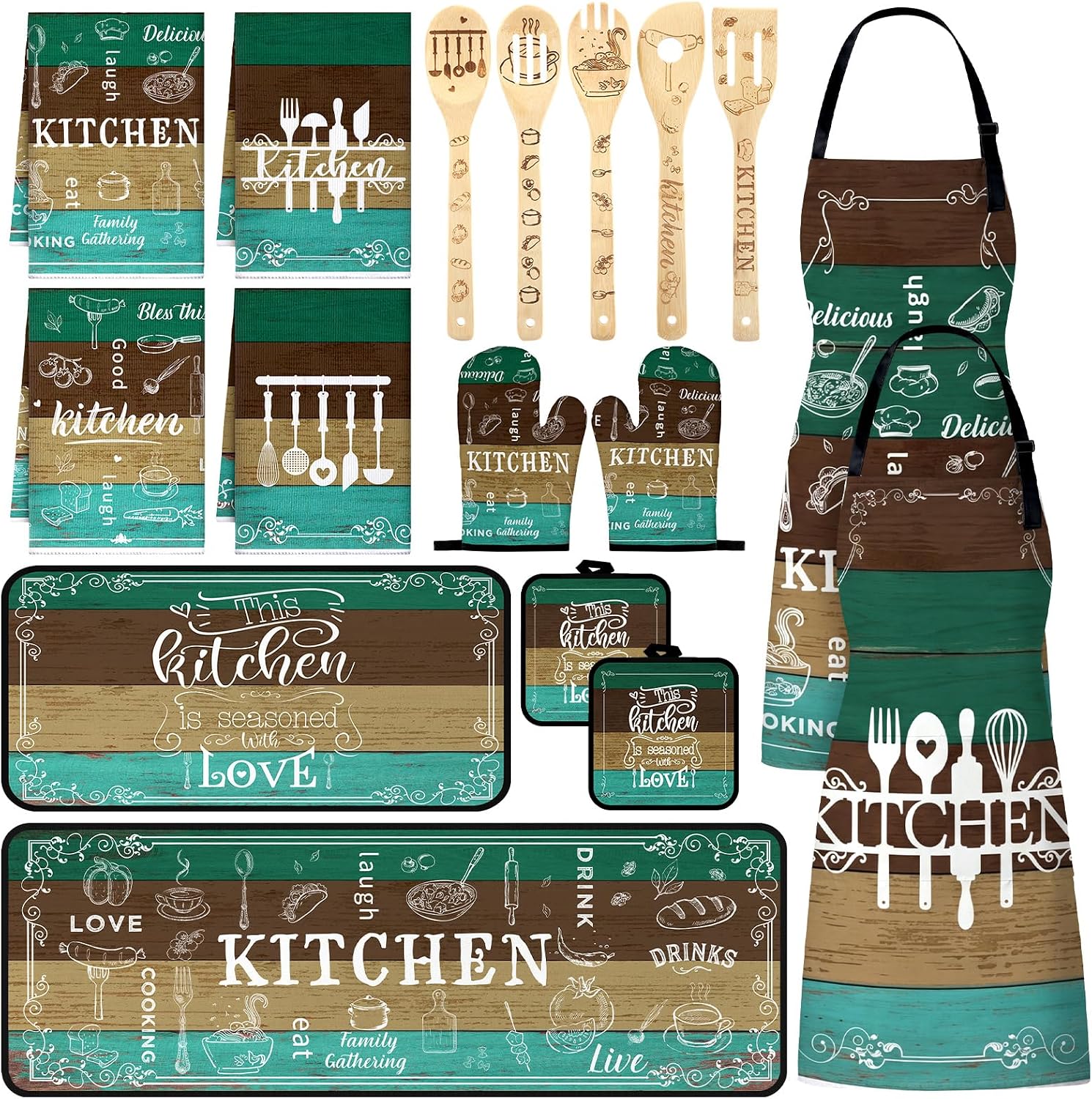 Bencailor 17 Pcs Green and Brown Kitchen Decor and Accessories Teal Kitchen Rug and Mat Green Teal Mitts and Pot Holders Apron Dish Towels Wooden Spoons for Home Decoration Housewarming Gifts