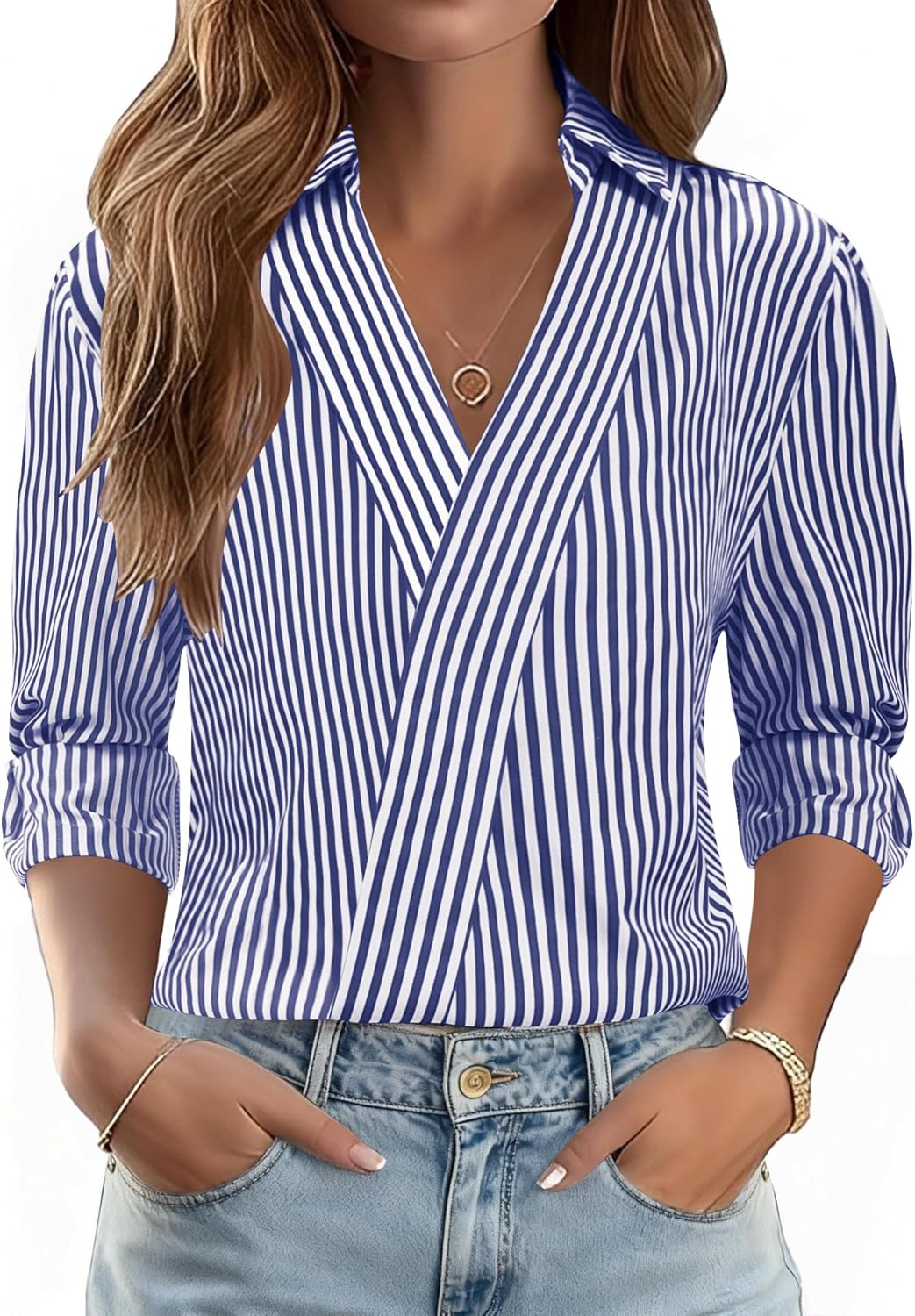LOMON 3/4 Length Sleeve Womens Tops Dressy V Neck Collared Shirts Trendy Business Casual Work Blouses Vacation Outfits 2026