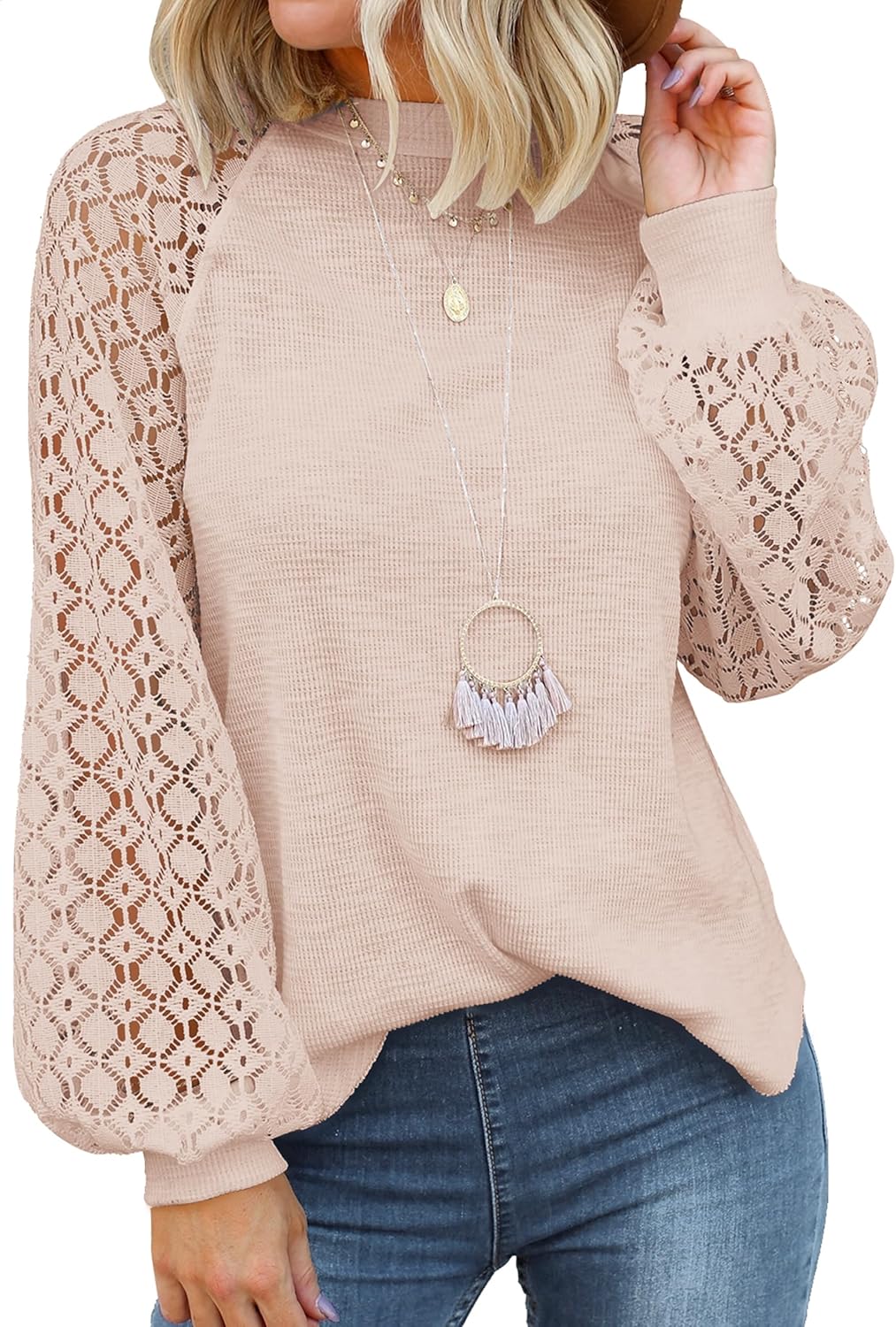 MIHOLL Women's Long Sleeve Tops Lace Casual Loose Blouses Shirts Dressy Outfits
