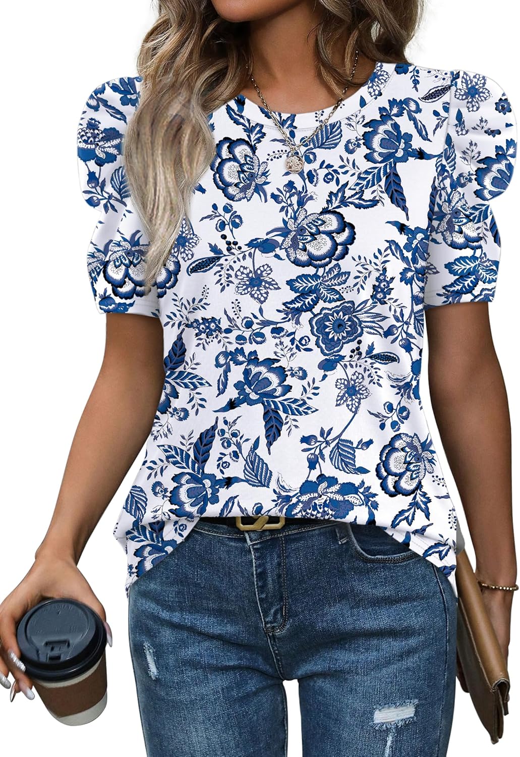 WIHOLL Summer Tops for Women Puff Sleeve Crewneck T Shirts Dressy Casual Blouses Spring Outfits Fashion Clothes