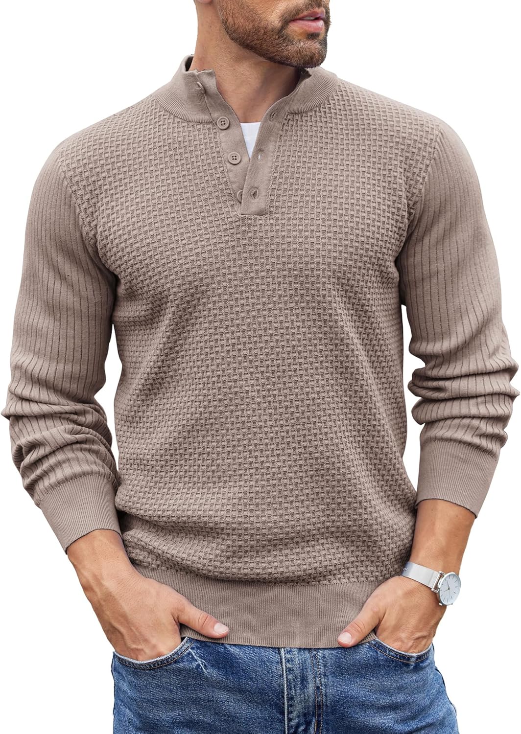COOFANDY Men Quarter Button Sweater Long Sleeve Henley Waffle Knit Pullover | 3 Button Mock Neck, Casual Dressy, Slim Fit Fall Winter Tops, Stand Collar, Business Office, Ribbed Cuffs