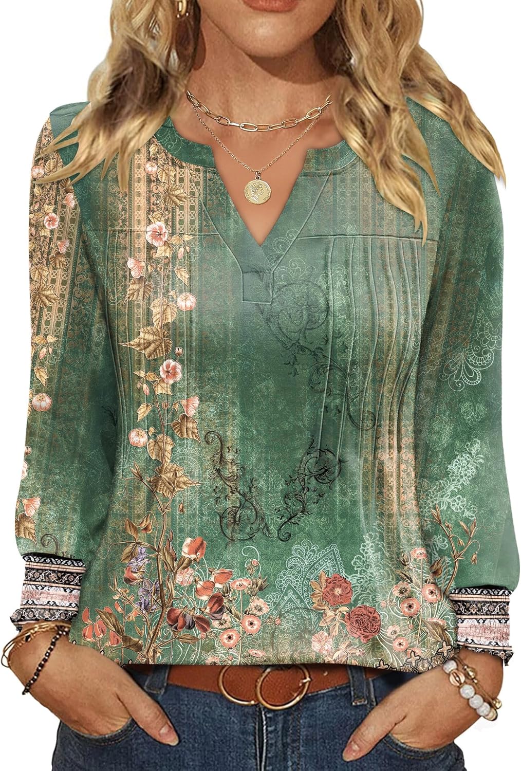 Ivicoer Long Sleeve Shirts for Women V Neck Pleated Blouses for Women Dressy Casual Fall Ladies Top 2025