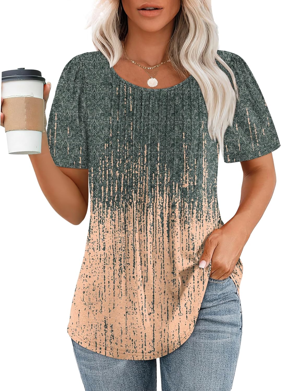 OFEEFAN Womens T Shirts Short Sleeve Pleated Dressy Casual Scooped Neck Summer Tops Blouses