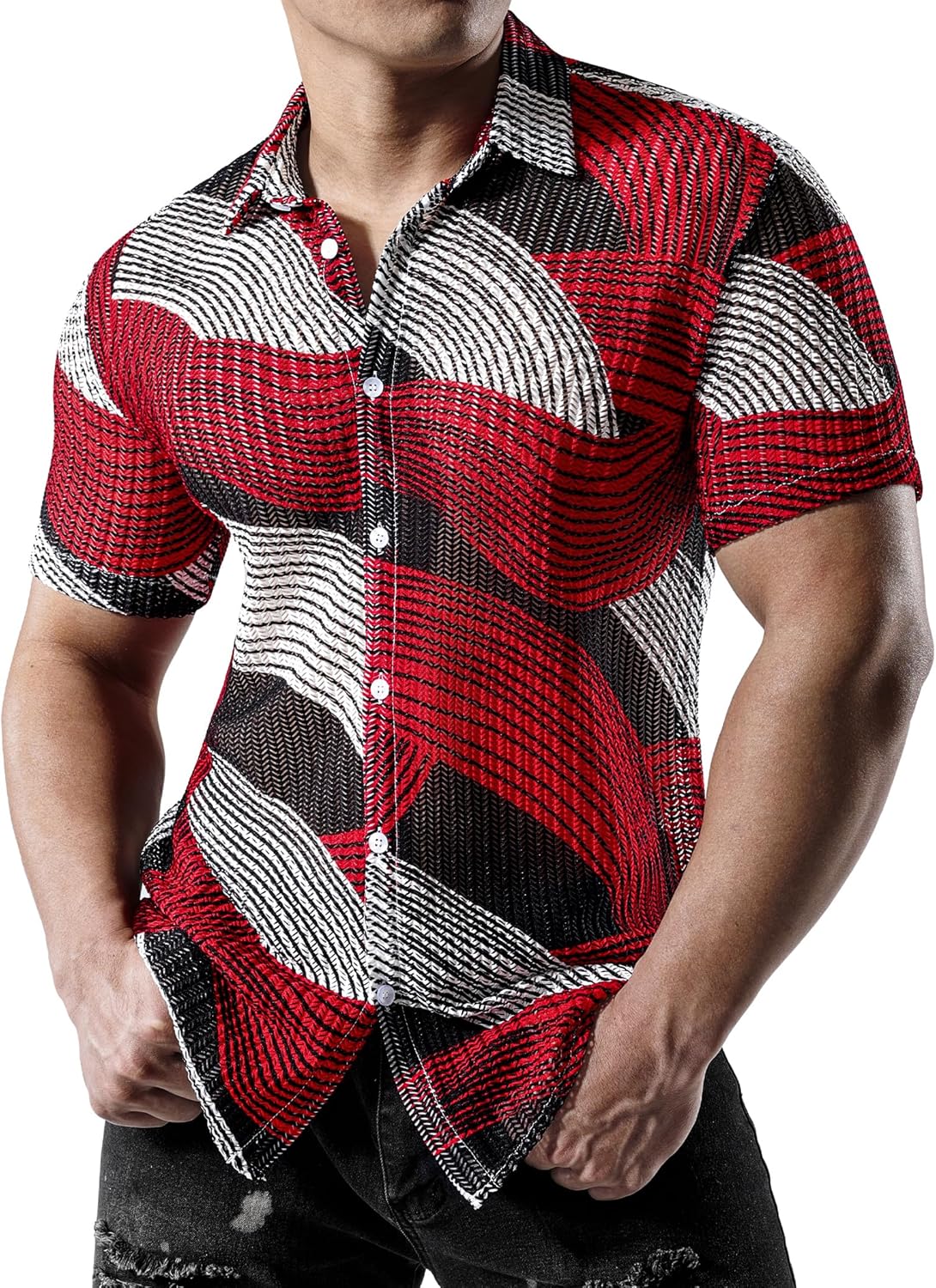 JOGAL Mens Mesh See Through Floral Shirts Stretch Wrinkle-Free Regular Fit Short Sleeve Casual Button Down Summer Shirts