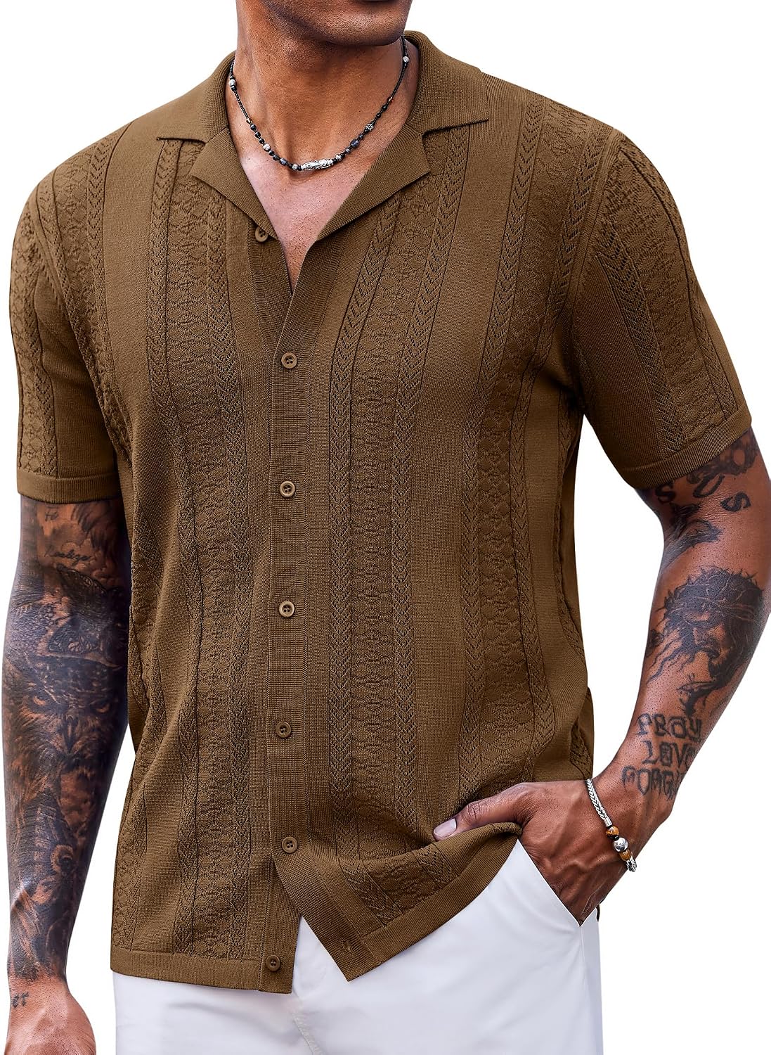 COOFANDY Men's Knit Shirts Vintage Short Sleeve Button Down Shirt Casual Summer Beach Shirt