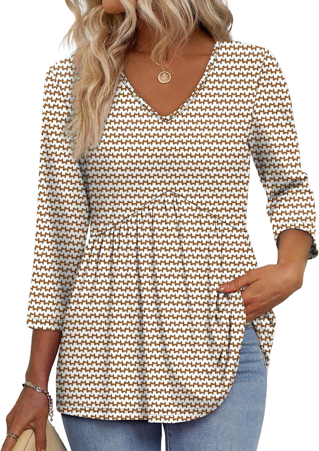 OFEEFAN 3/4 Length Sleeve Womens Tops 2026 Blouses for Women Dressy Casual Fashion Clothing V Neck Babydoll Tops Fall Outfits