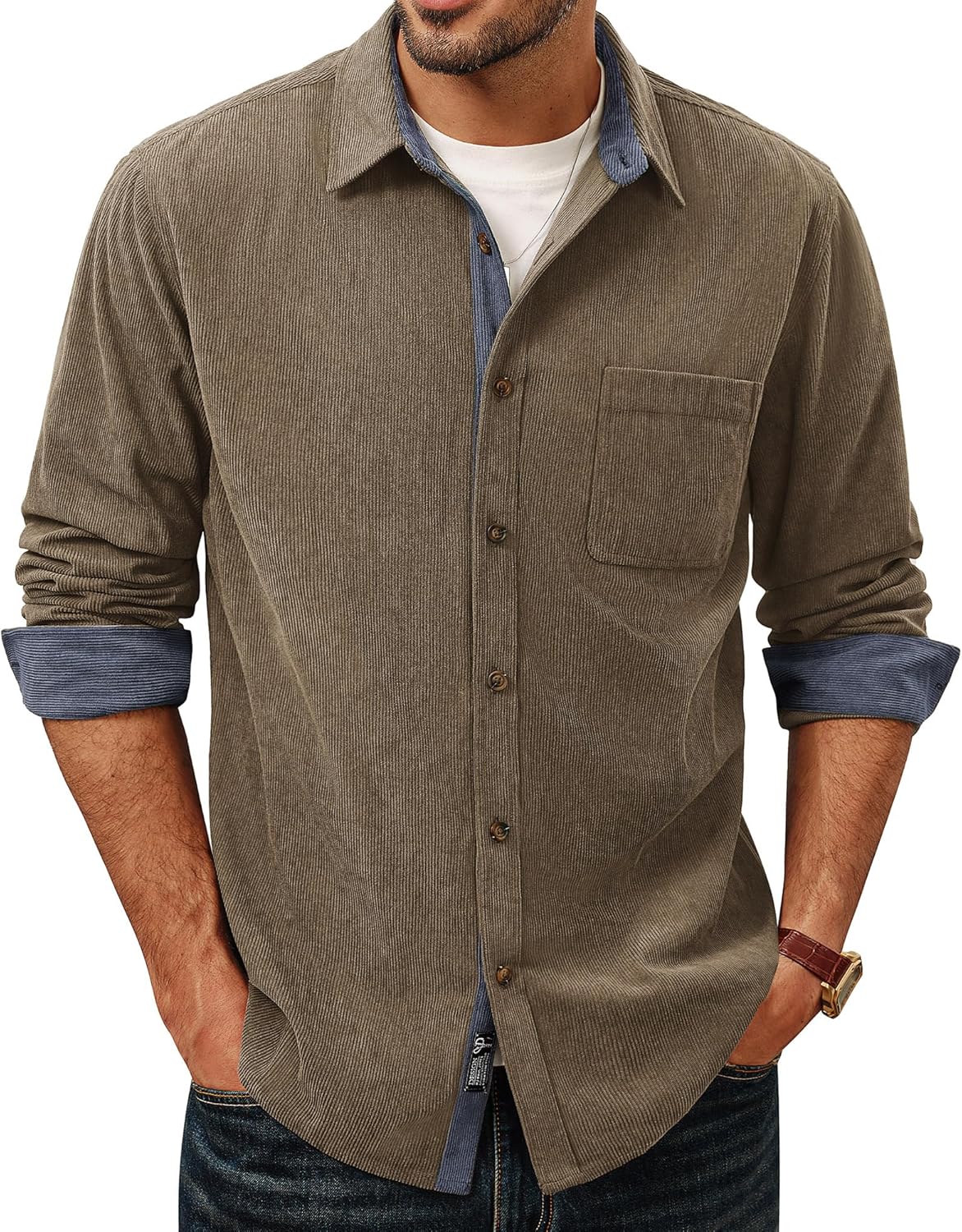 PJ PAUL JONES Men's Corduroy Button Down Shirt Long Sleeve Casual Collared Wrinkle Free Untucked Shirts with Pocket