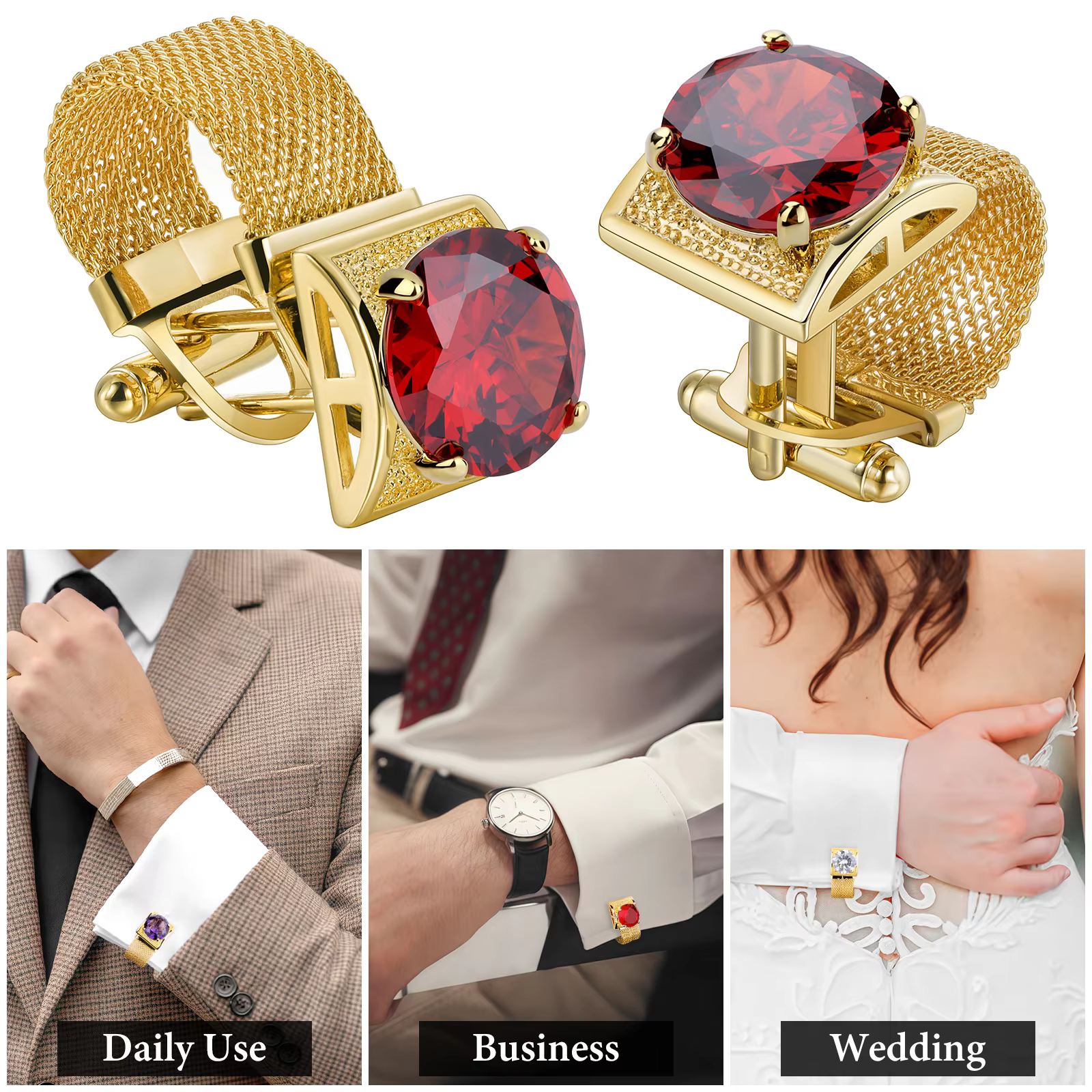 HAWSON Gold Crystal Cufflinks for Men with Chain Luxury Cuff Wedding Party Groom Cufflinks & Father of Bride Gift Accessories