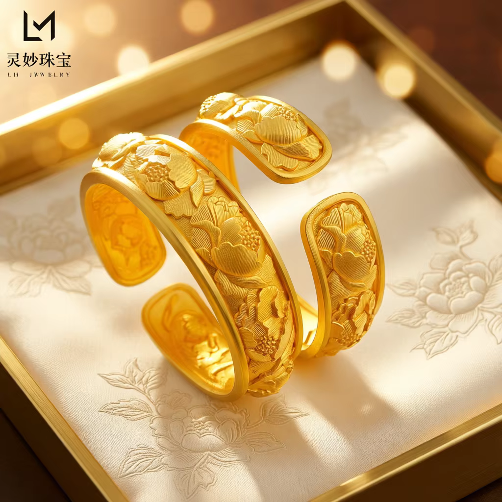 Sentimental Bangle Women's 24K Gold AU999 - Full Gold Peony Open Bangle, Nine Flowers Wedding Blessing, Wedding Keepsake