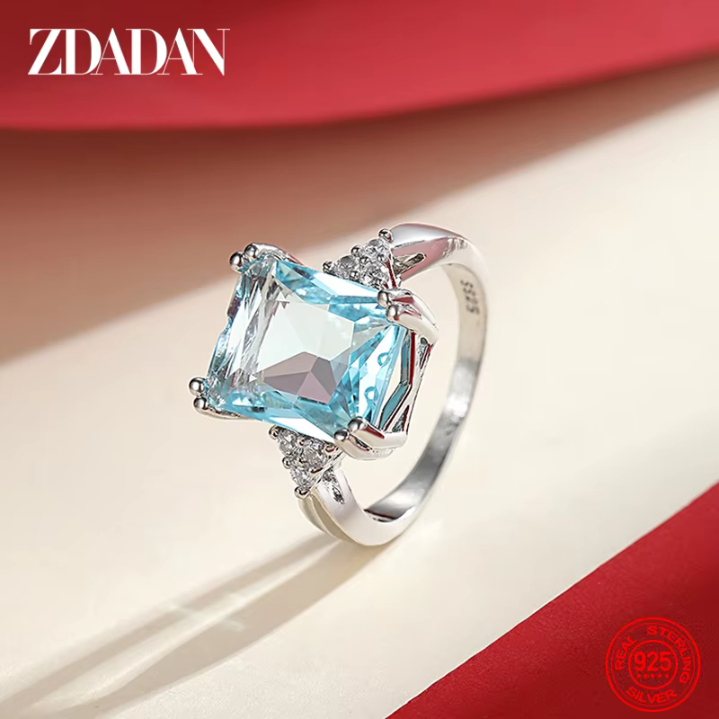 ZDADAN 925 Sterling Silver Fashion Aquamarine Gemstone Ring For Women Wedding Party Jewelry Gifts Wholesale
