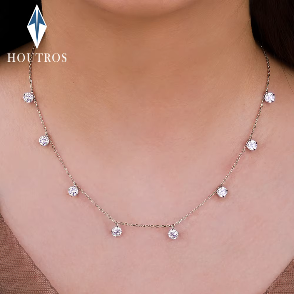 8 Stone Round Cut Real Moissanite Necklace for Women Floating Tiny Diamonds Neck Chain S925 Silver 18K Gold Plated Jewelry Gift
