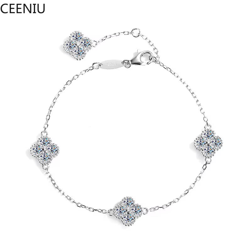 2.4cttw D Color Moissanite Clover Bracelet 925 Sterling Silver Fine Jewelry White Gold Plated Charm Bracelets Bangle Wholesale