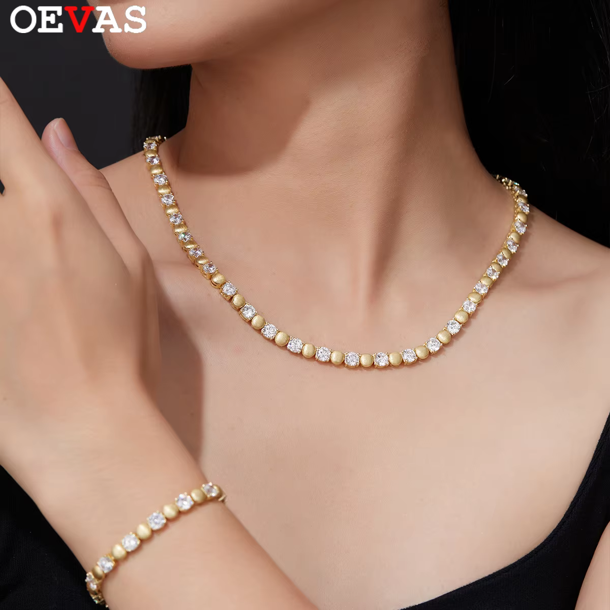 OEVAS each 5mm Round Moissanite Necklace Bracelet Set for Women S925 Silver Plated 18K Gold Wedding Party Fine Jewelry Gift
