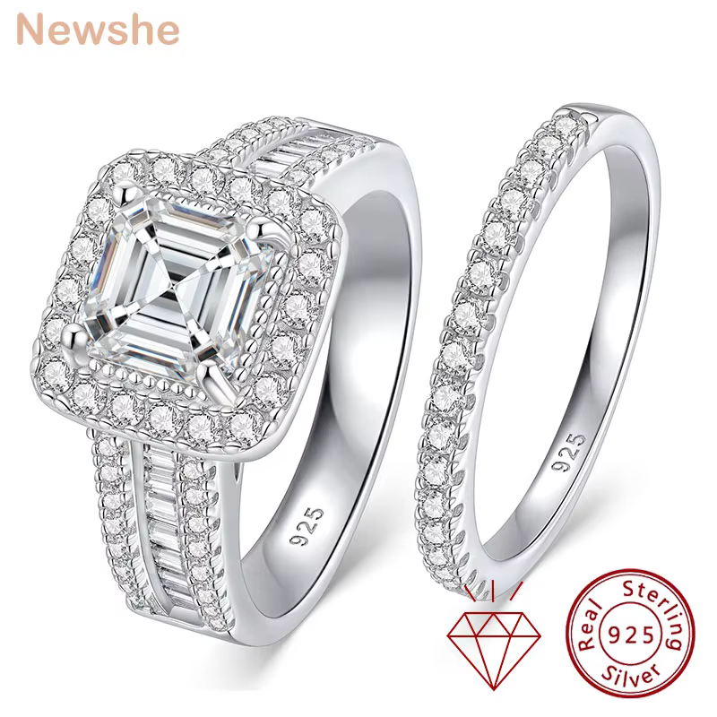 Newshe Women's GRA Certified Moissanite Ring Set 6.5mm Emerald Asscher Cut 2 Pcs 925 Silver Bridal Wedding Rings
